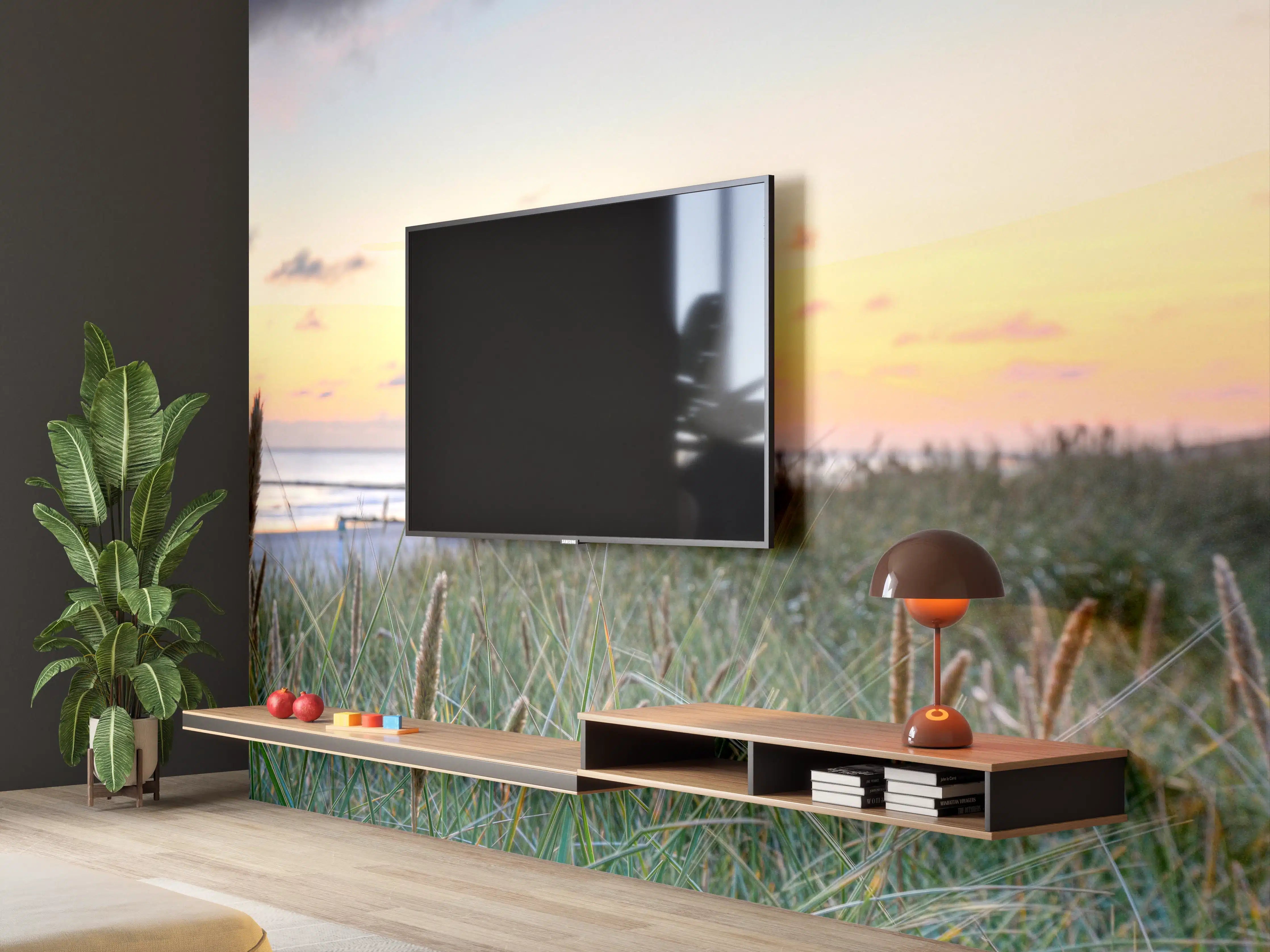 Wandverkleidung Wohnzimmer - Sonnenuntergang am Strand mit Dünen