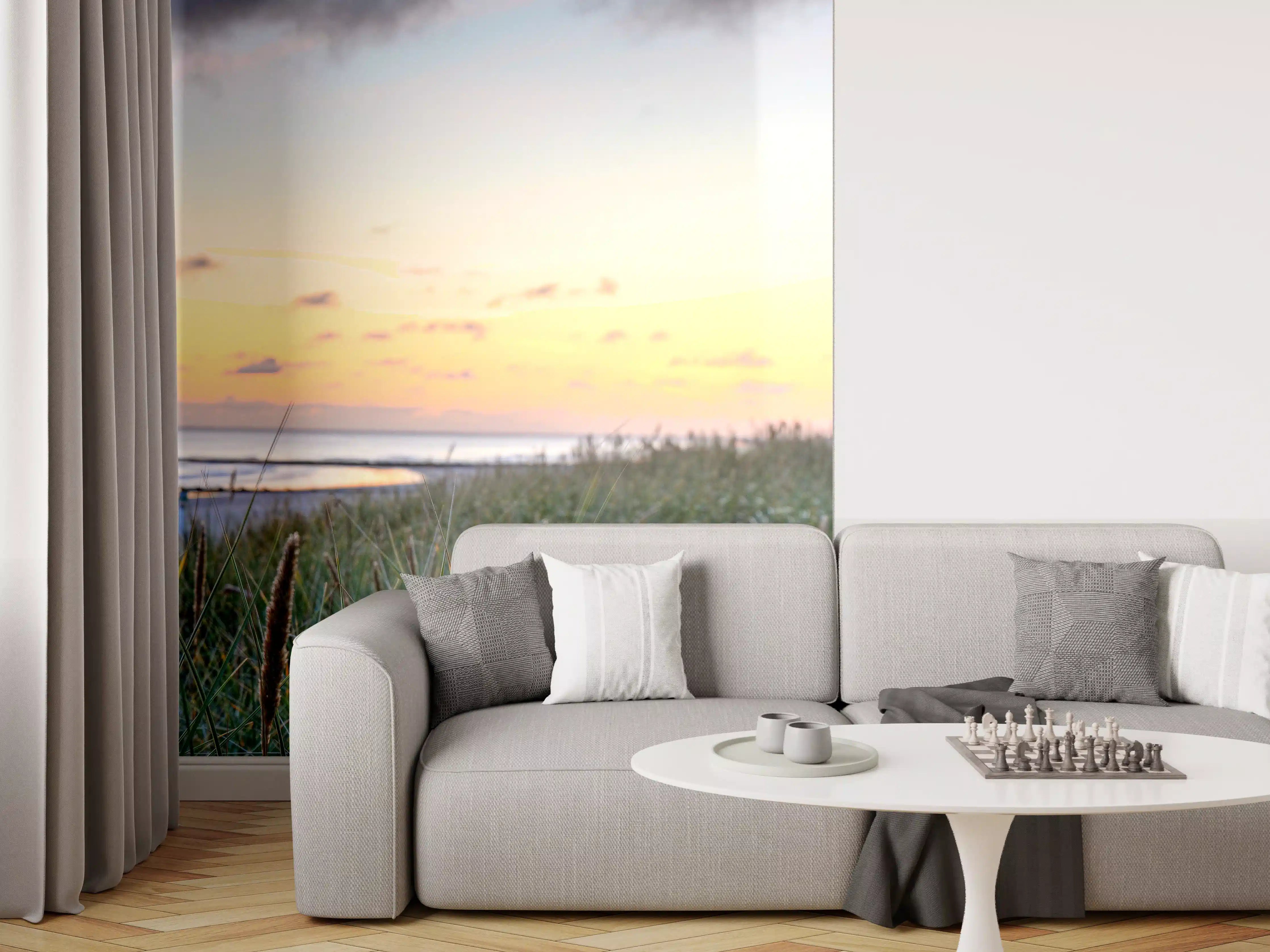 Wandverkleidung Wohnzimmer - Sonnenuntergang am Strand mit Dünen