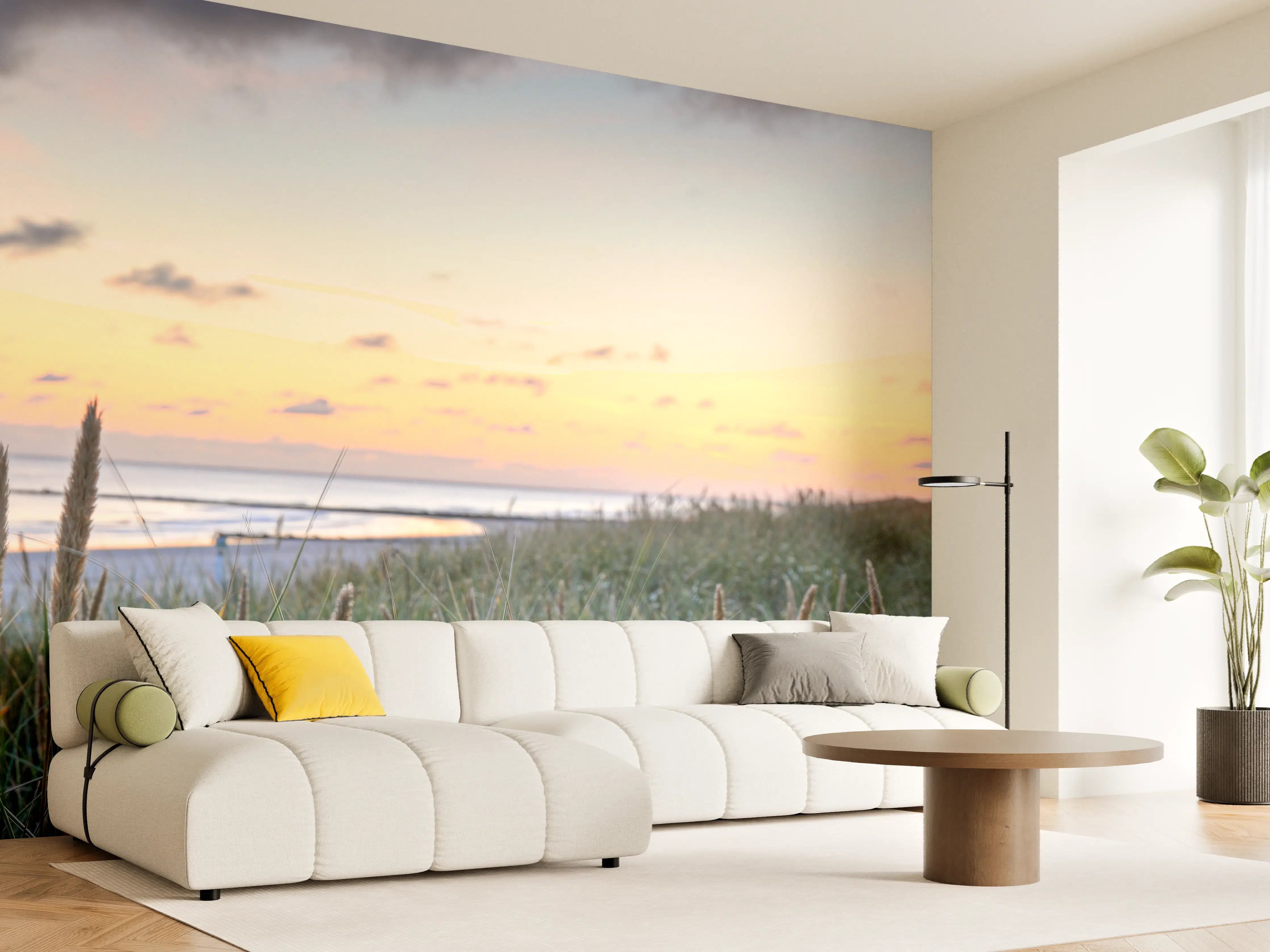 Wandverkleidung Wohnzimmer - Sonnenuntergang am Strand mit Dünen