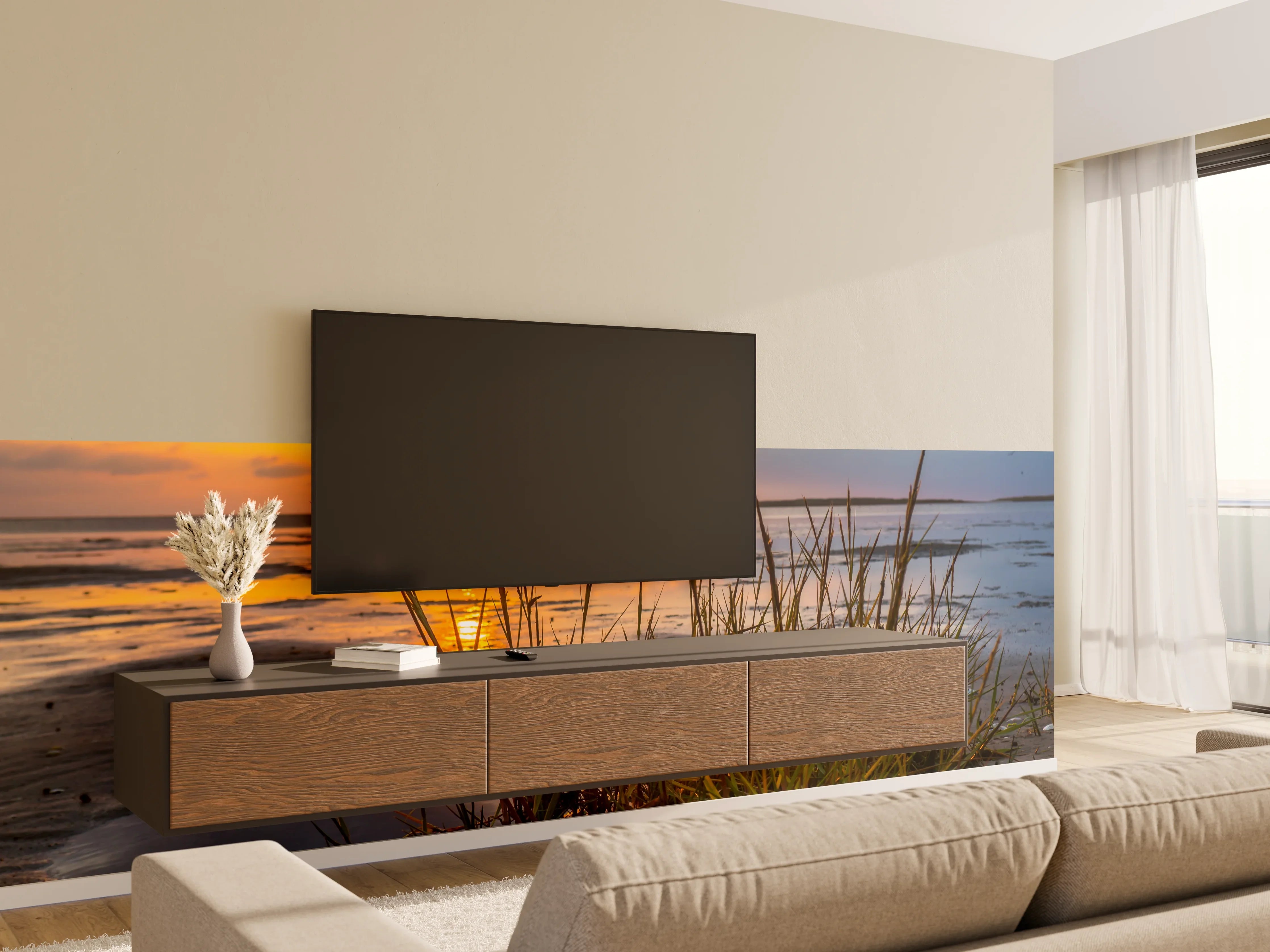 Wandverkleidung Wohnzimmer - Sonnenuntergang am Strand mit Gräsern