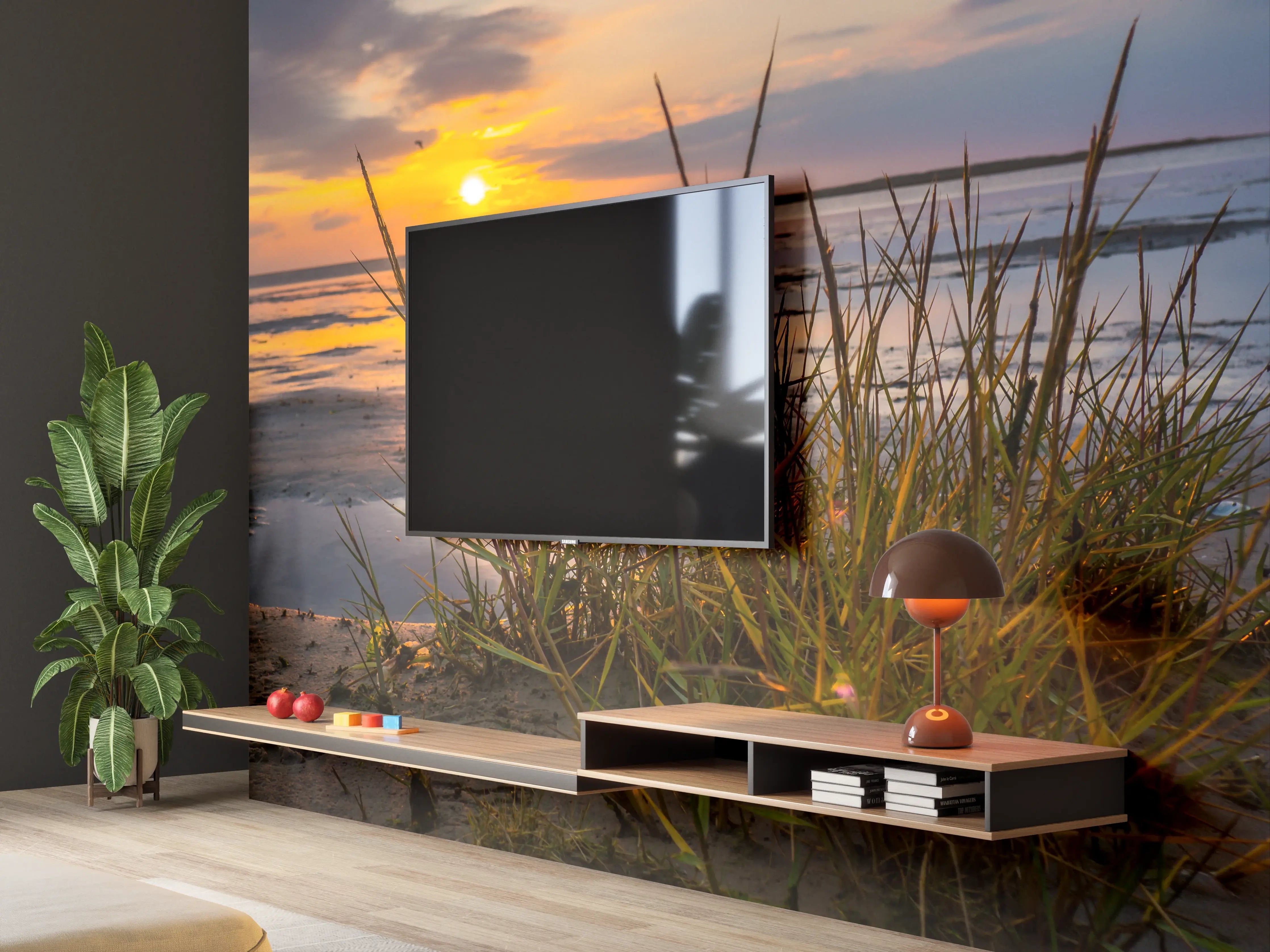 Wandverkleidung Wohnzimmer - Sonnenuntergang am Strand mit Gräsern