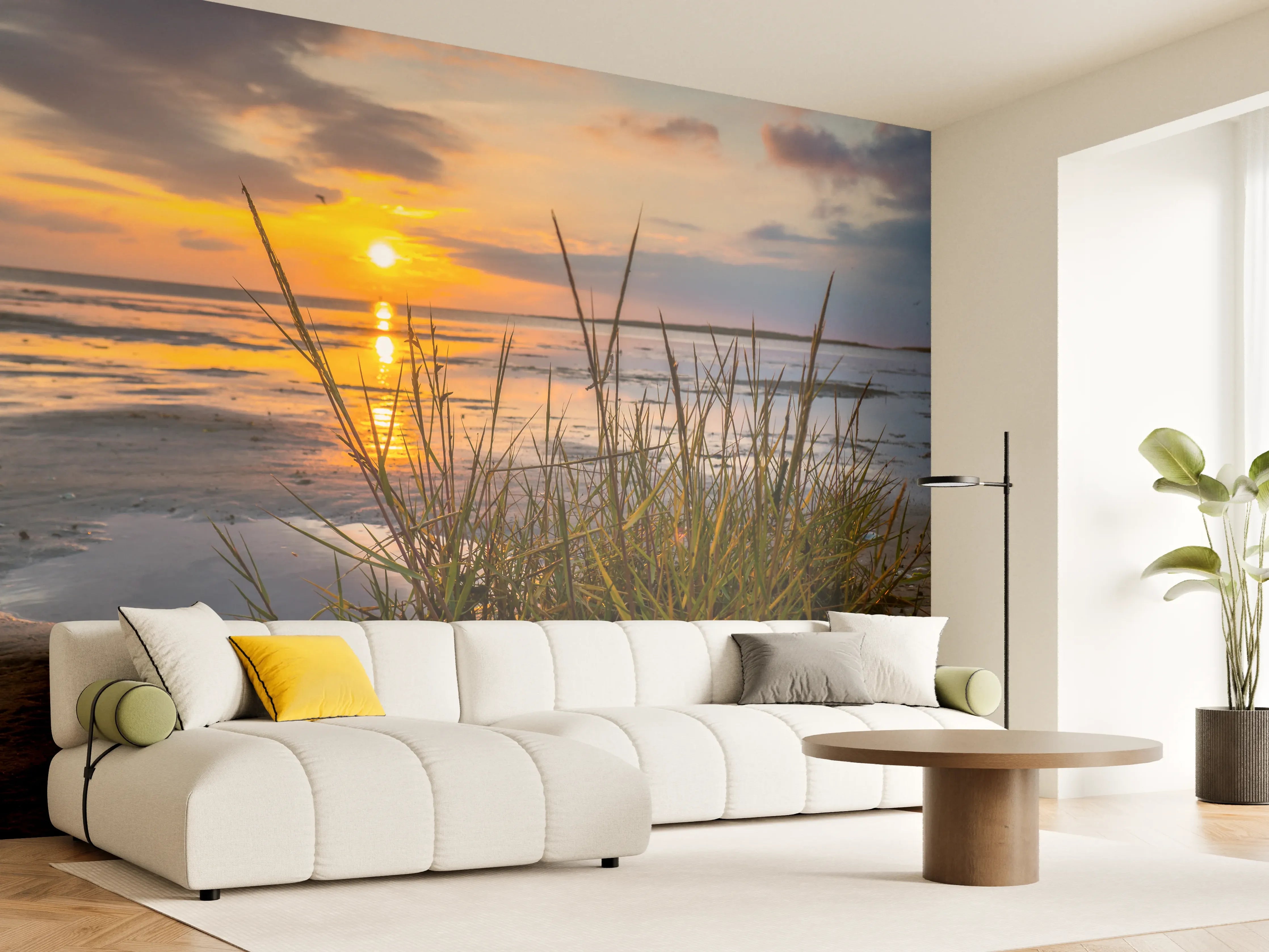 Wandverkleidung Wohnzimmer - Sonnenuntergang am Strand mit Gräsern