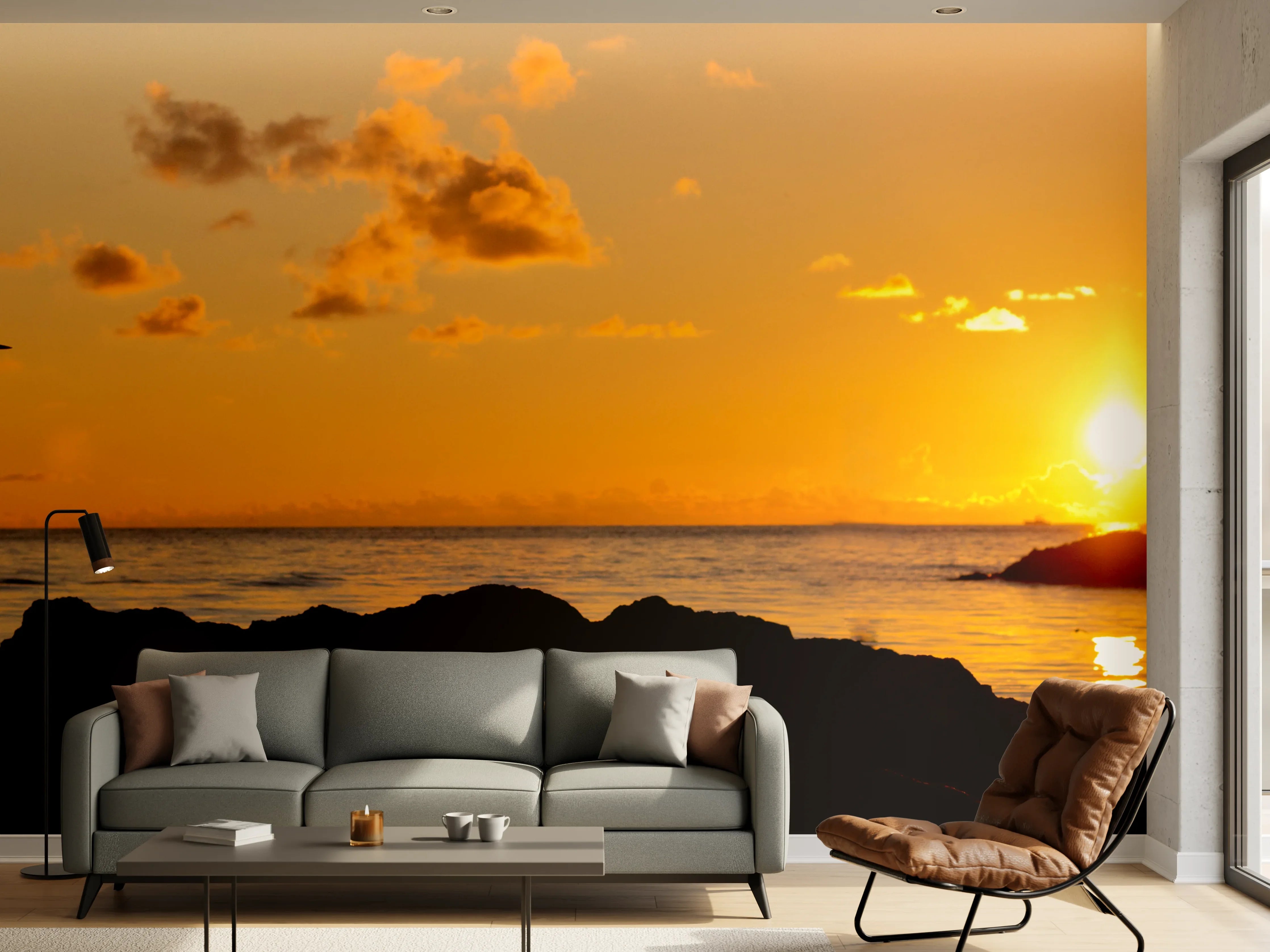 Wandverkleidung Wohnzimmer - Sonnenuntergang am Strand mit Kranichsilhouette