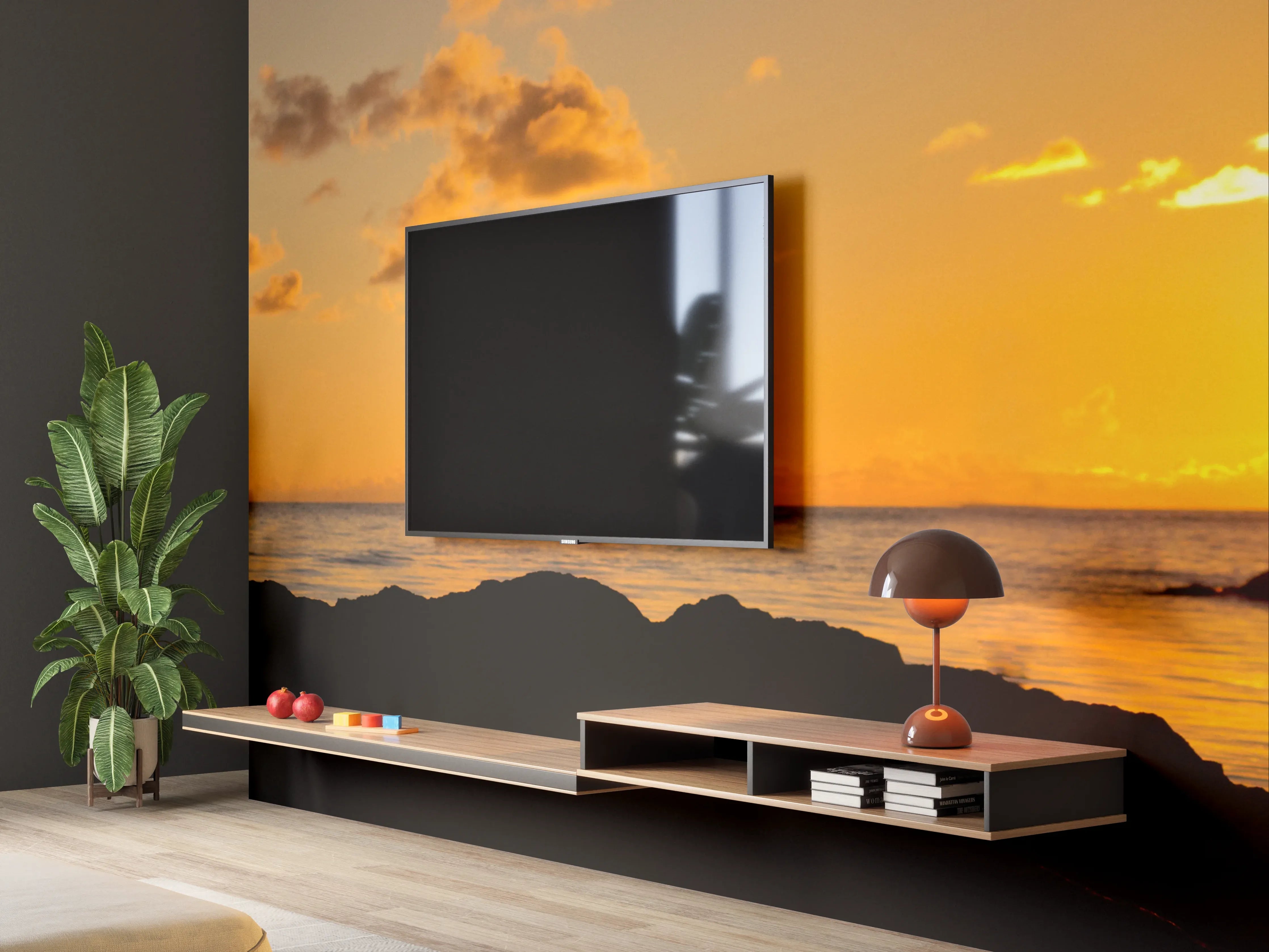 Wandverkleidung Wohnzimmer - Sonnenuntergang am Strand mit Kranichsilhouette