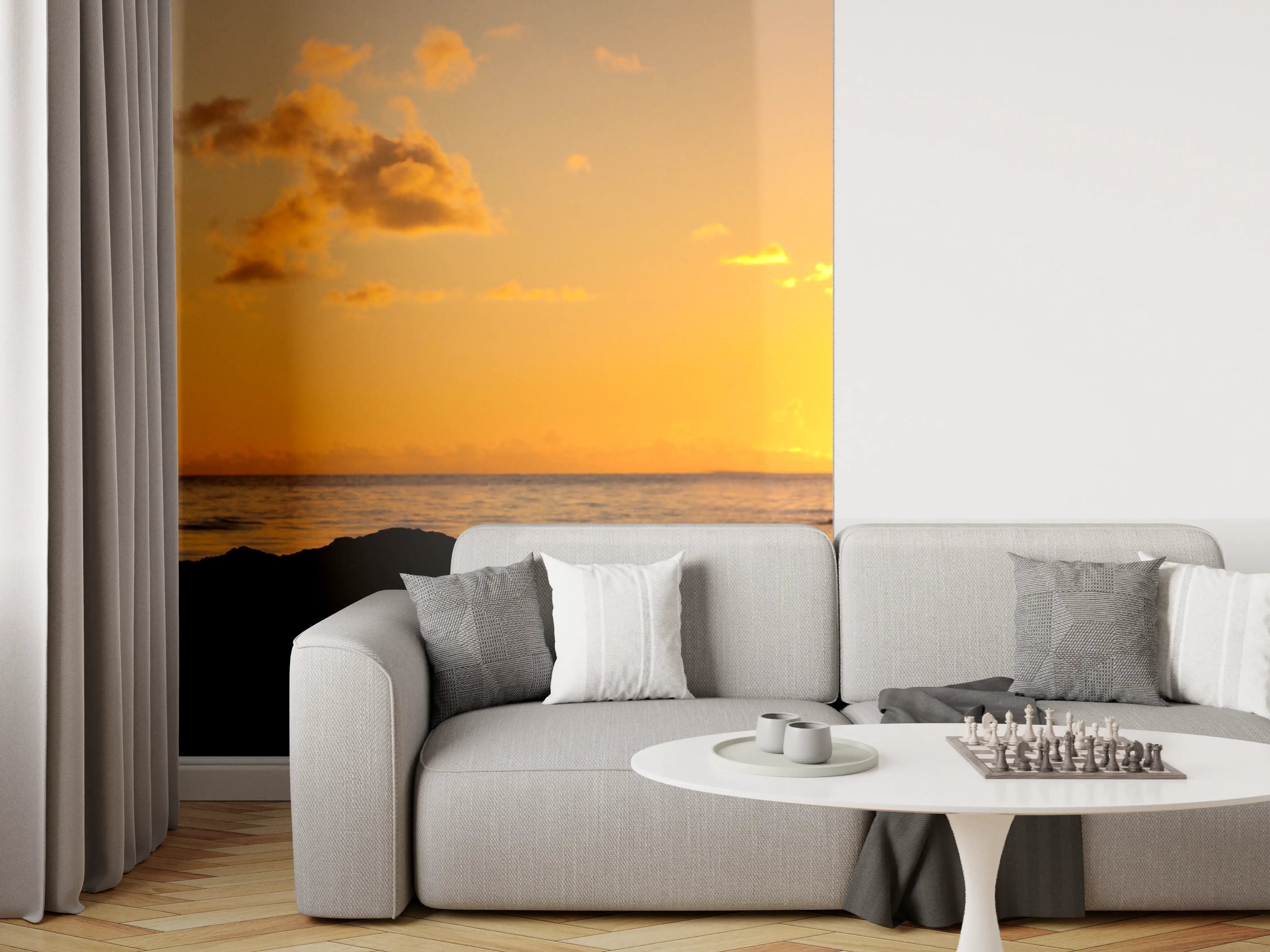 Wandverkleidung Wohnzimmer - Sonnenuntergang am Strand mit Kranichsilhouette