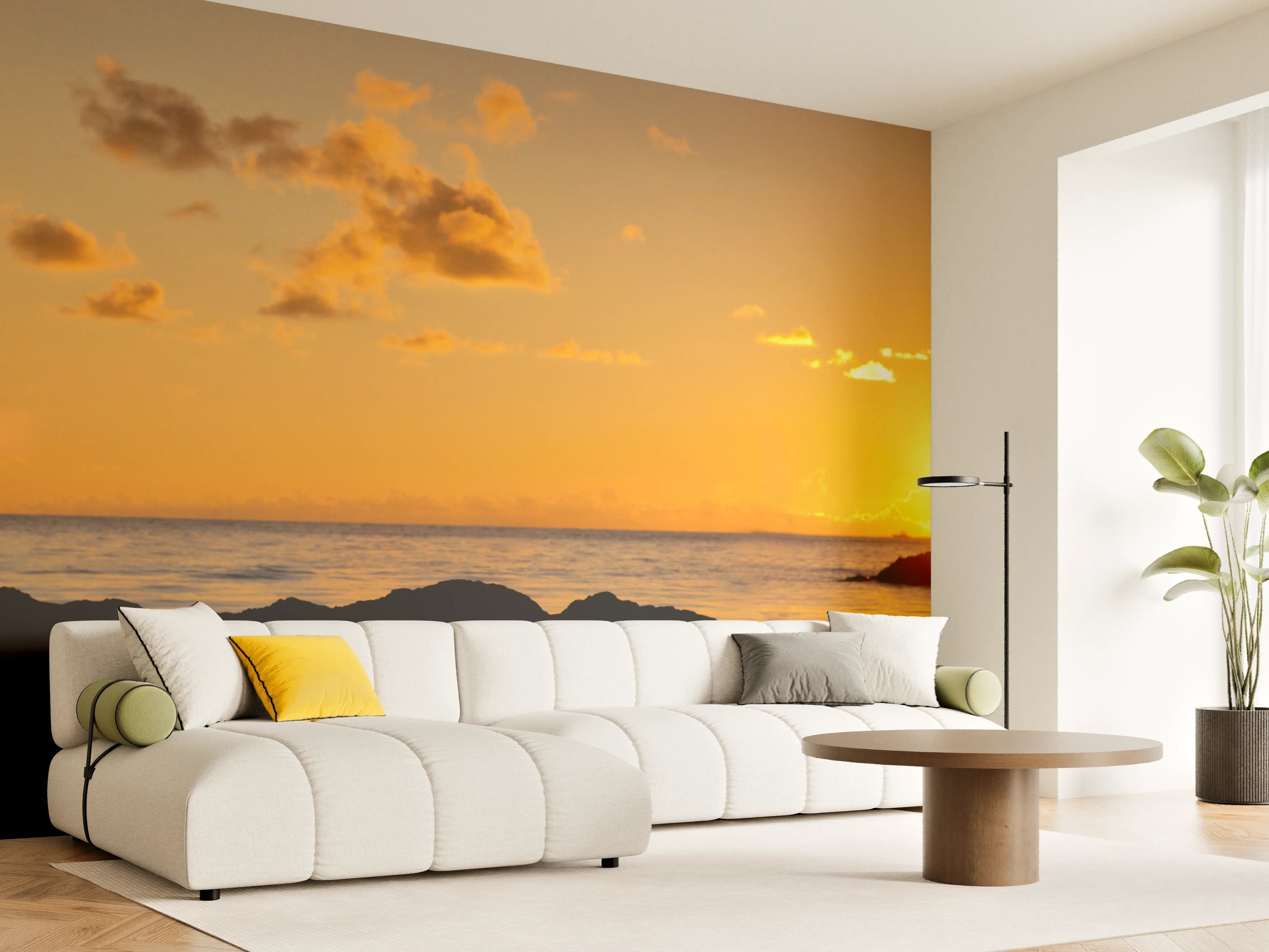 Wandverkleidung Wohnzimmer - Sonnenuntergang am Strand mit Kranichsilhouette