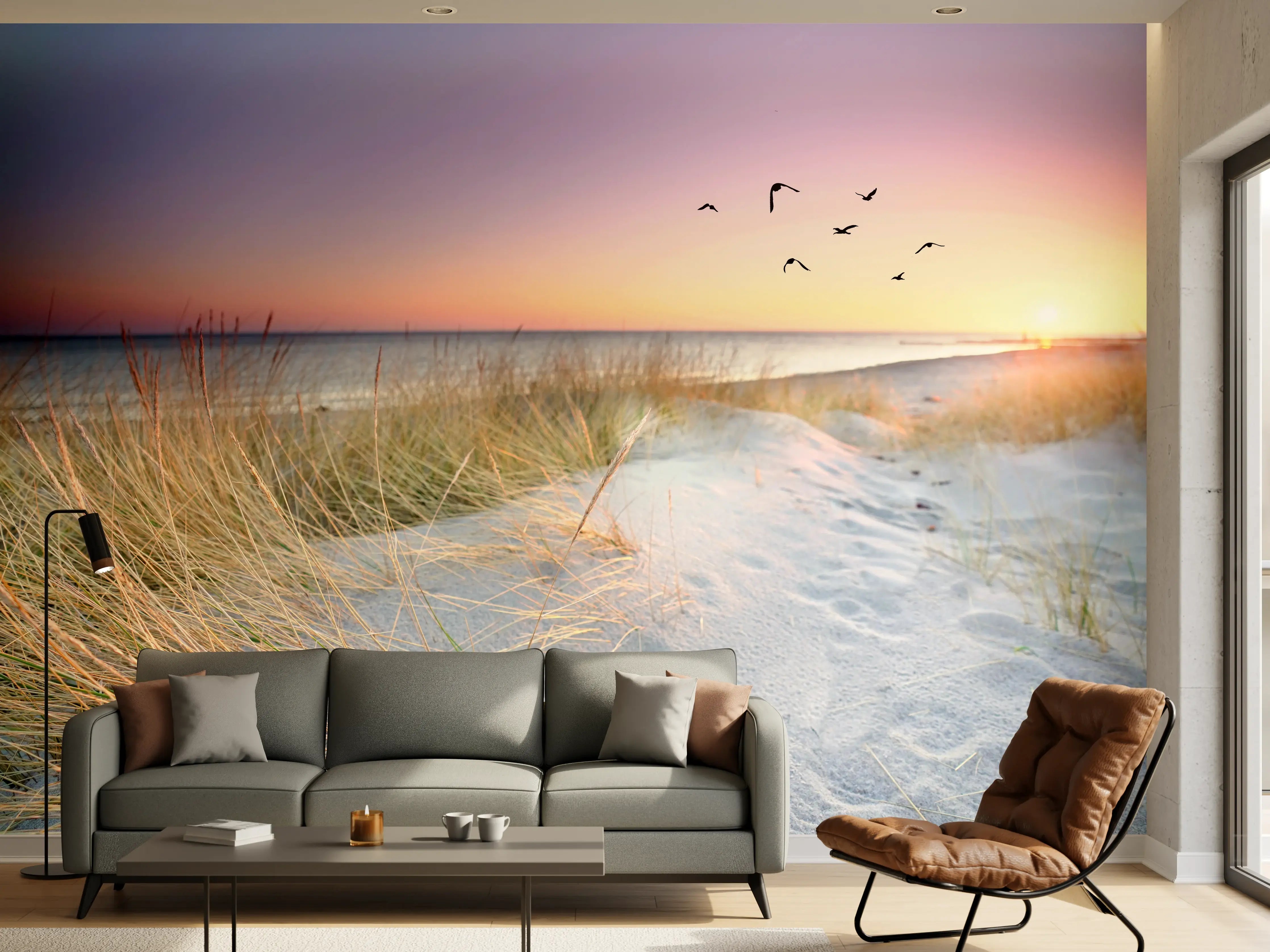 Wandverkleidung Wohnzimmer - Sonnenuntergang am Strand mit fliegenden Vögeln