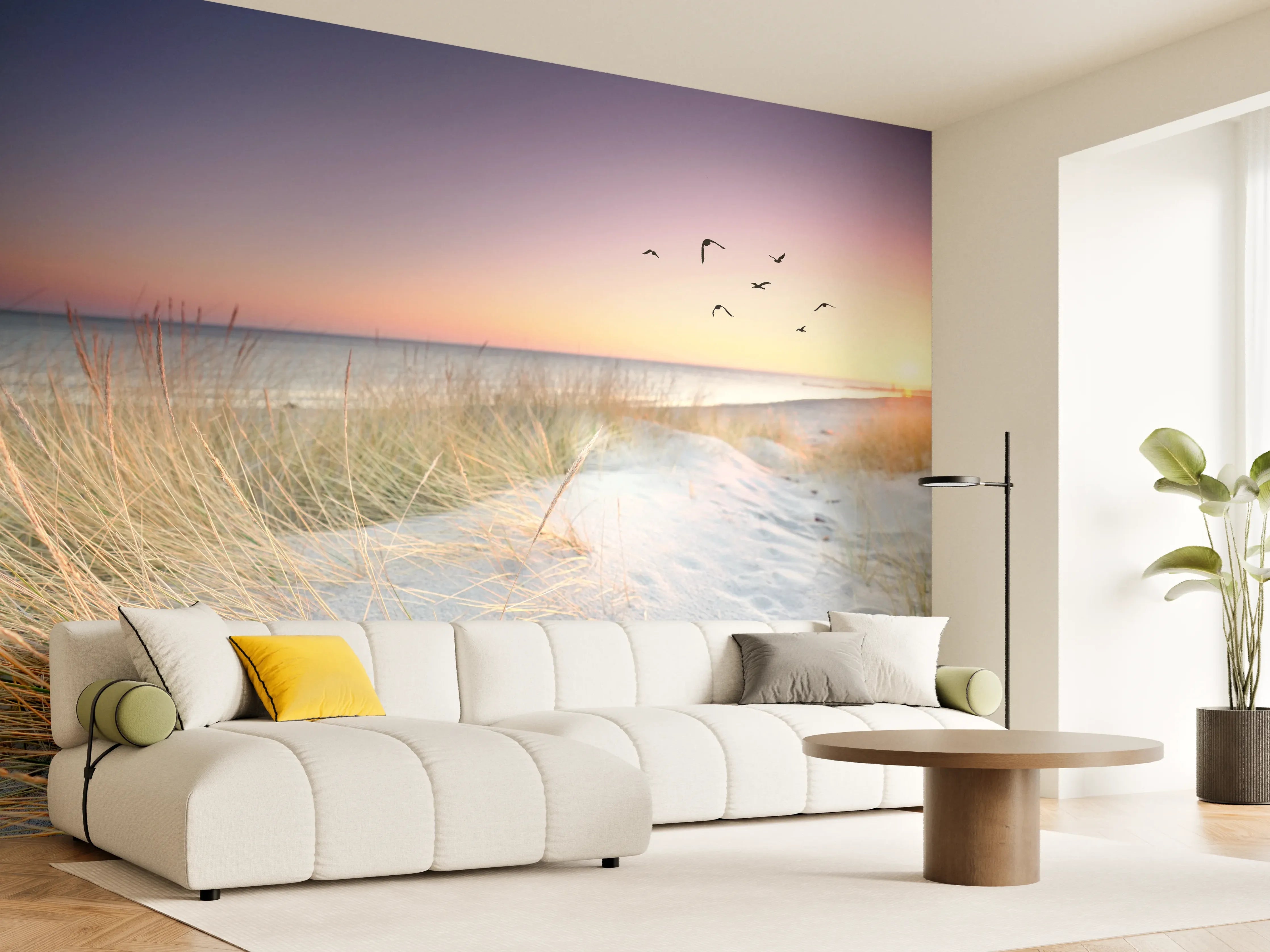 Wandverkleidung Wohnzimmer - Sonnenuntergang am Strand mit fliegenden Vögeln