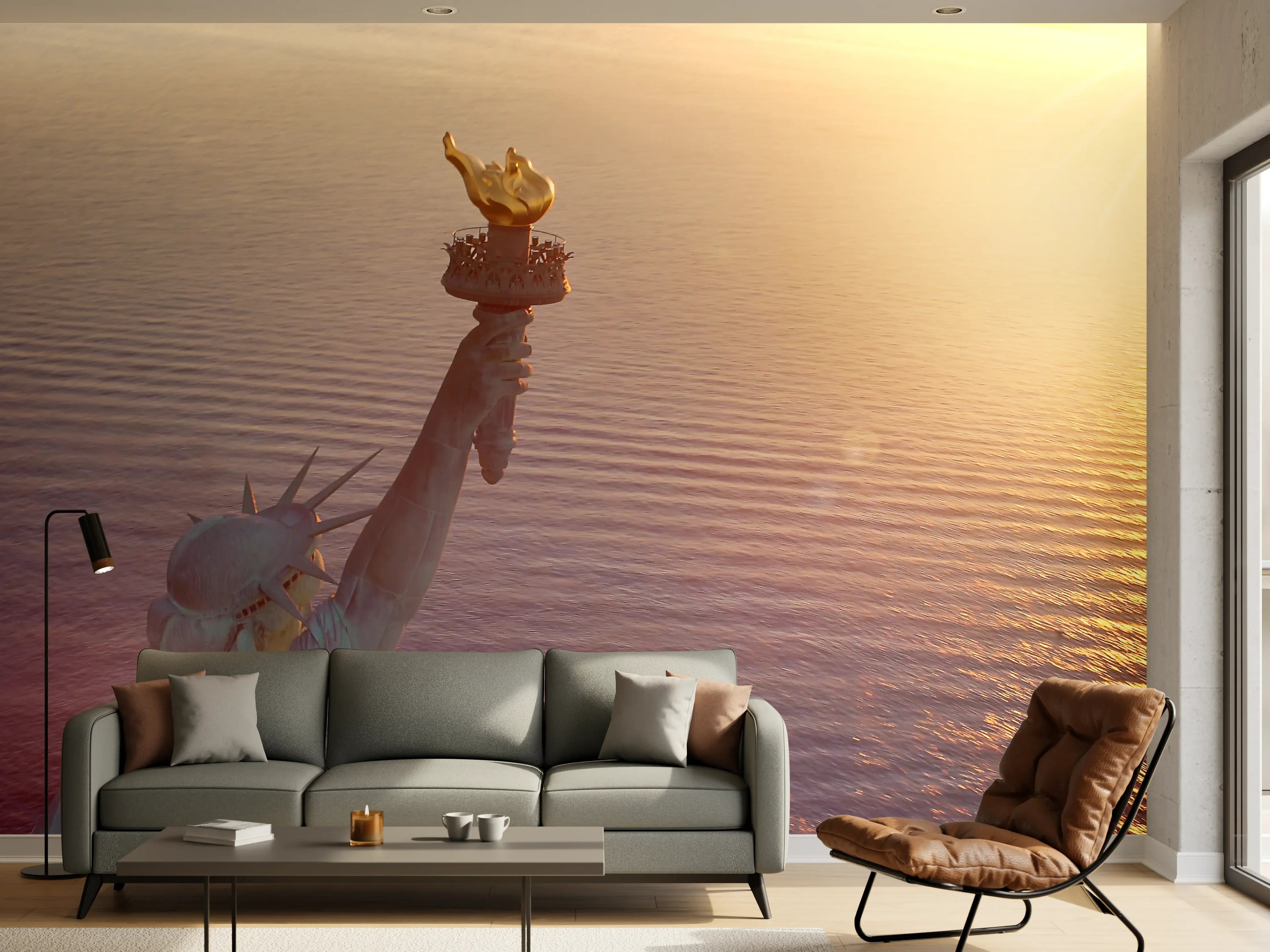 Wandverkleidung Wohnzimmer - Sonnenuntergang am Wasser mit Freiheitsstatue-Detail