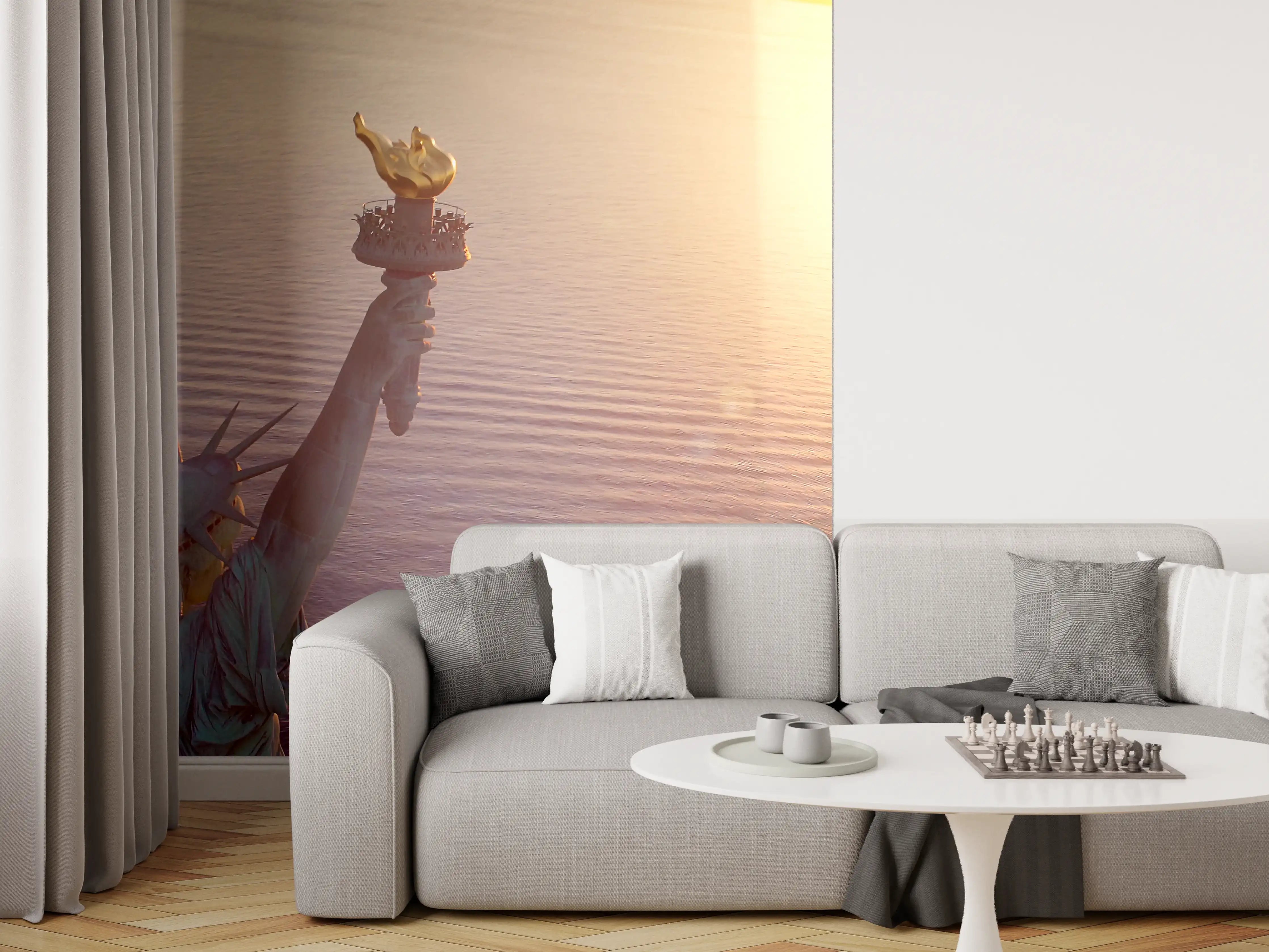 Wandverkleidung Wohnzimmer - Sonnenuntergang am Wasser mit Freiheitsstatue-Detail