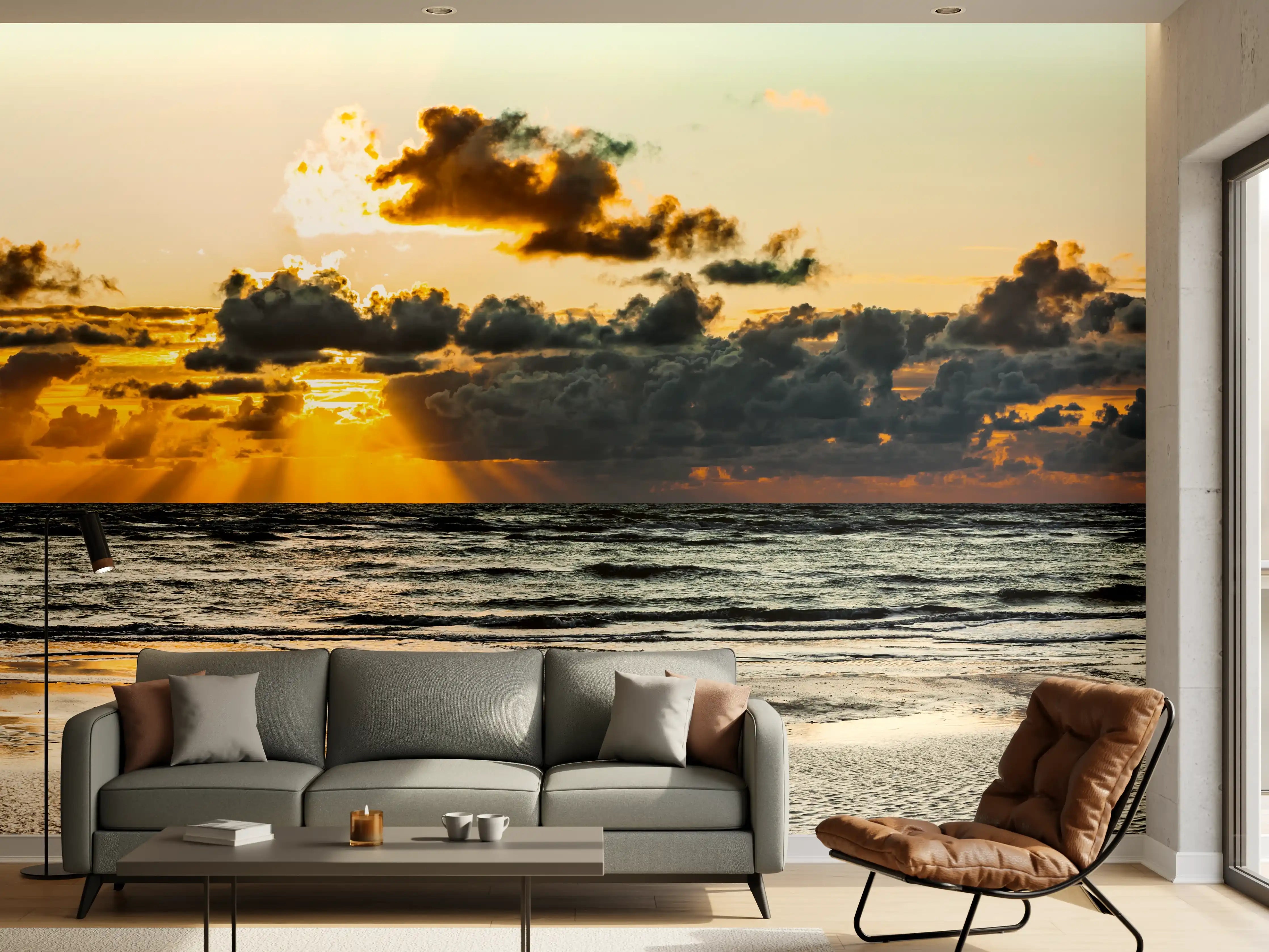 Wandverkleidung Wohnzimmer - Sonnenuntergang am ruhigen Meer