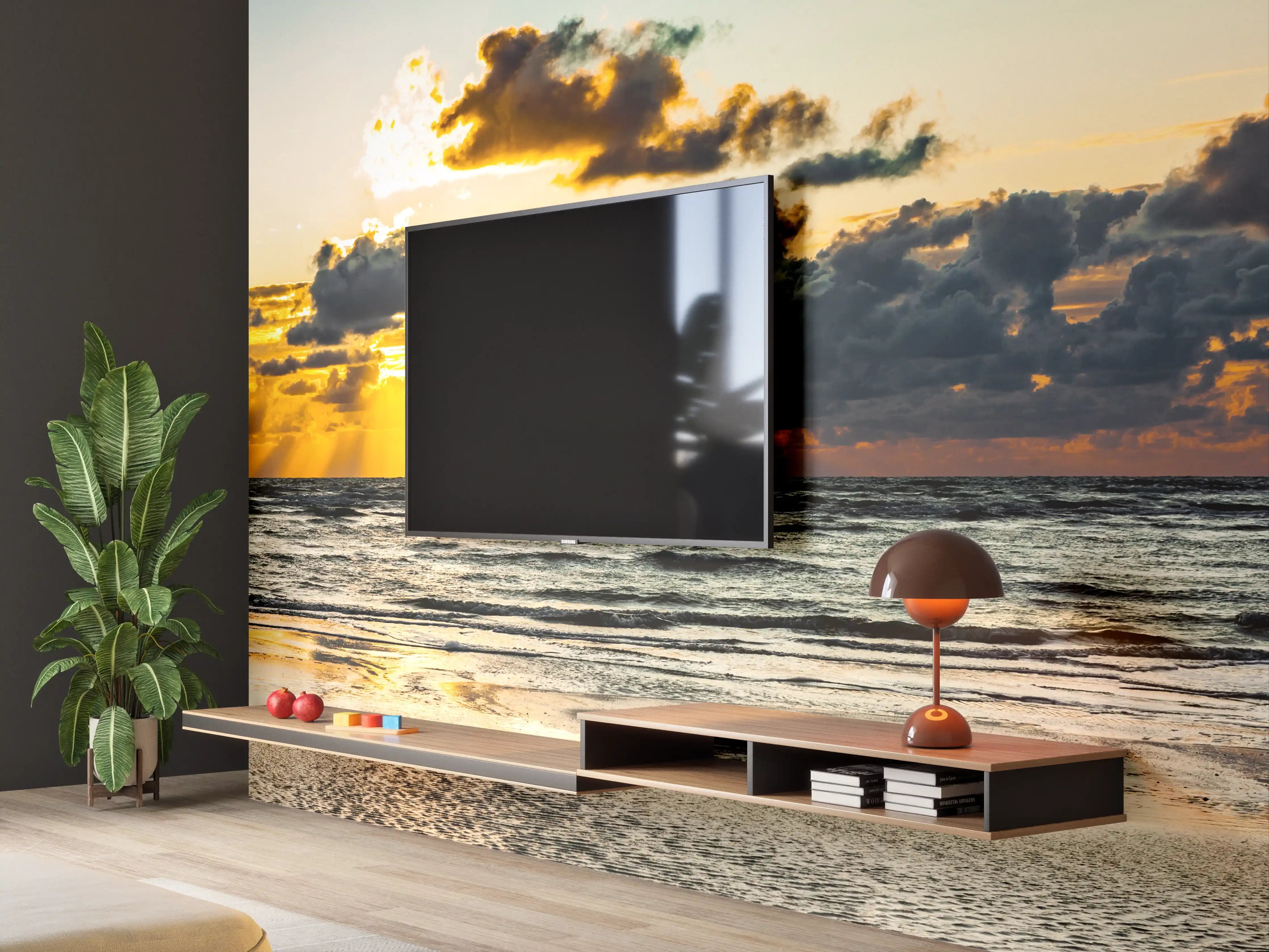 Wandverkleidung Wohnzimmer - Sonnenuntergang am ruhigen Meer