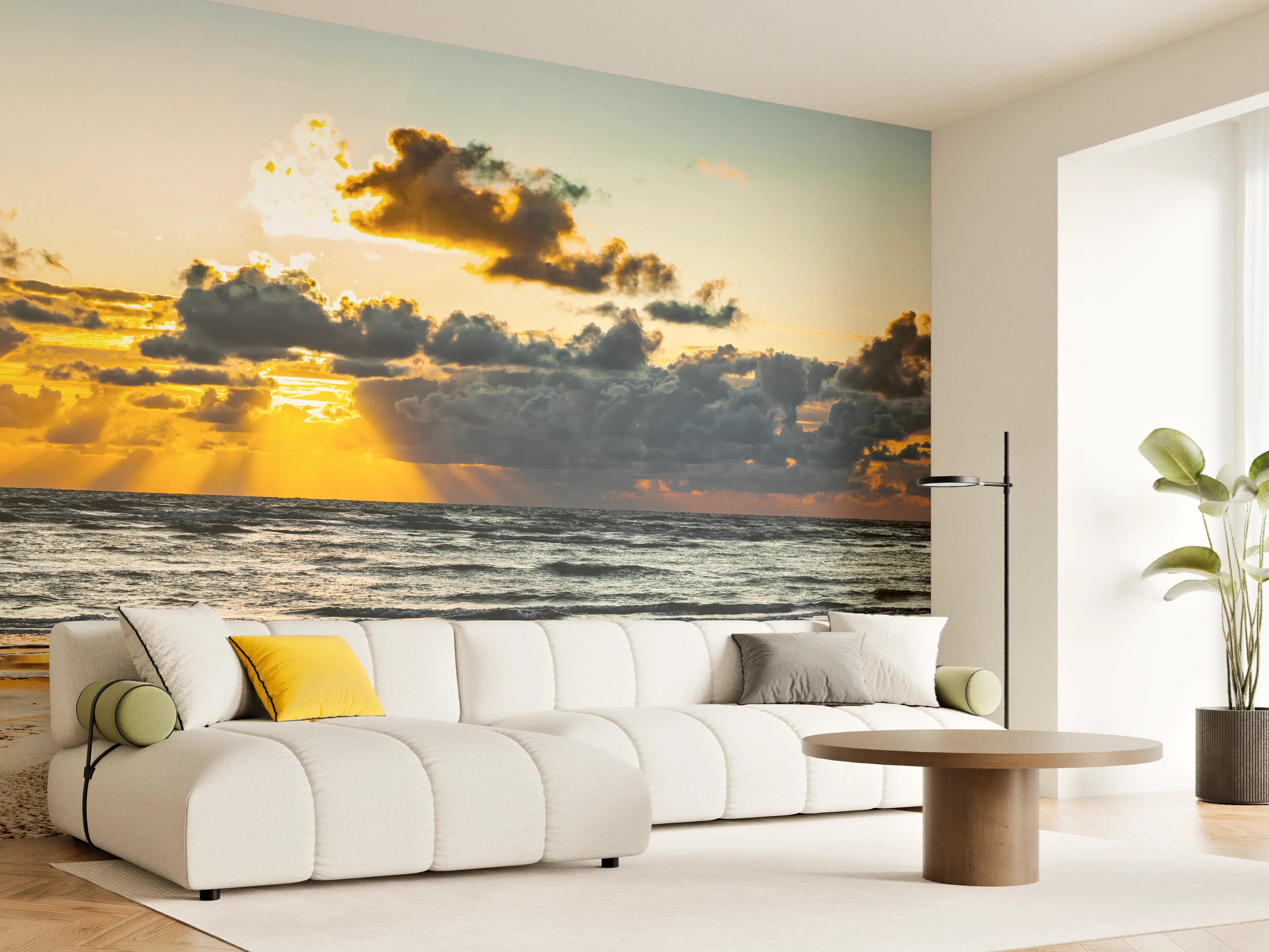 Wandverkleidung Wohnzimmer - Sonnenuntergang am ruhigen Meer