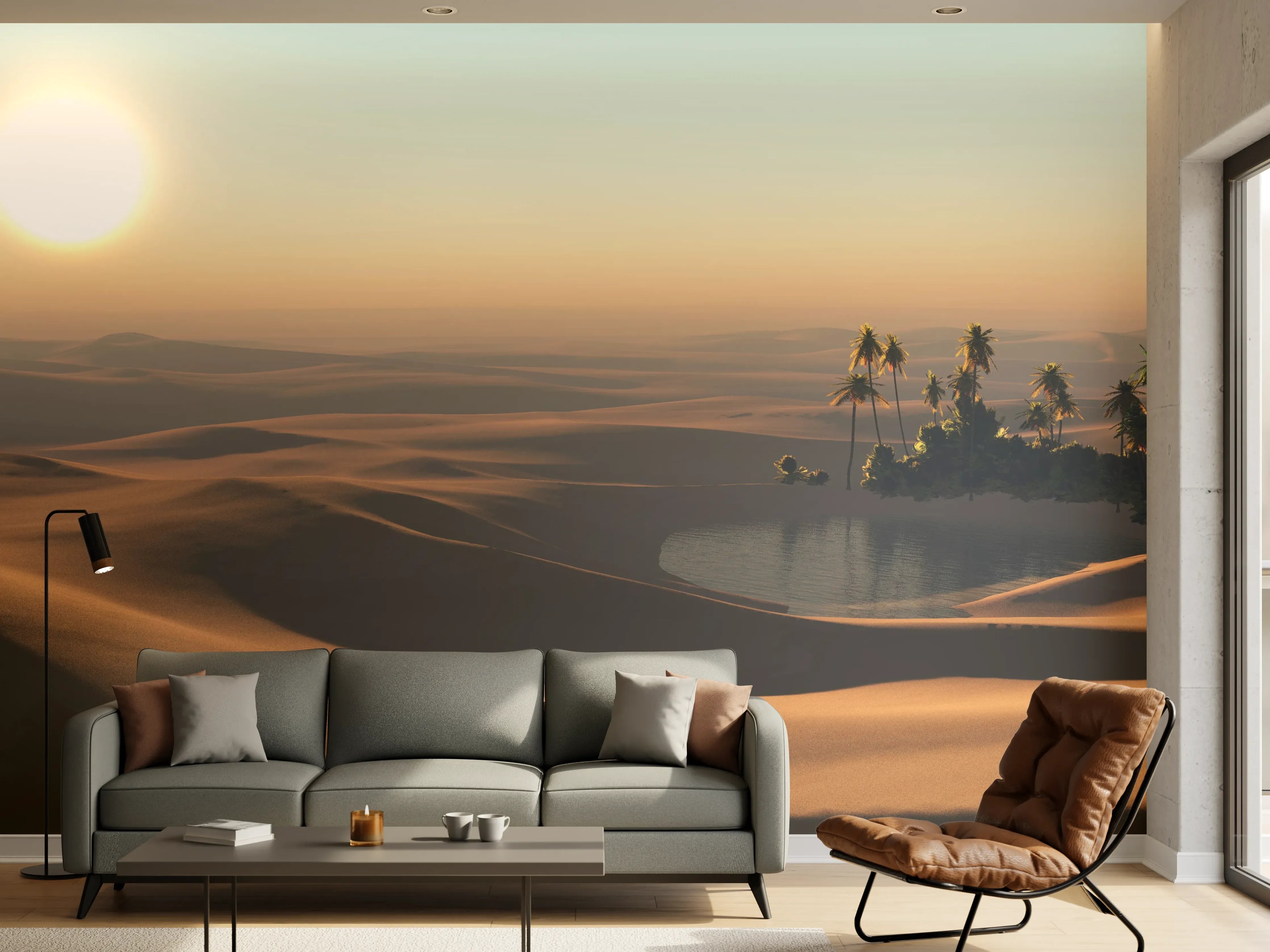 Wandverkleidung Wohnzimmer - Sonnenuntergang in der Wüste mit Palmen