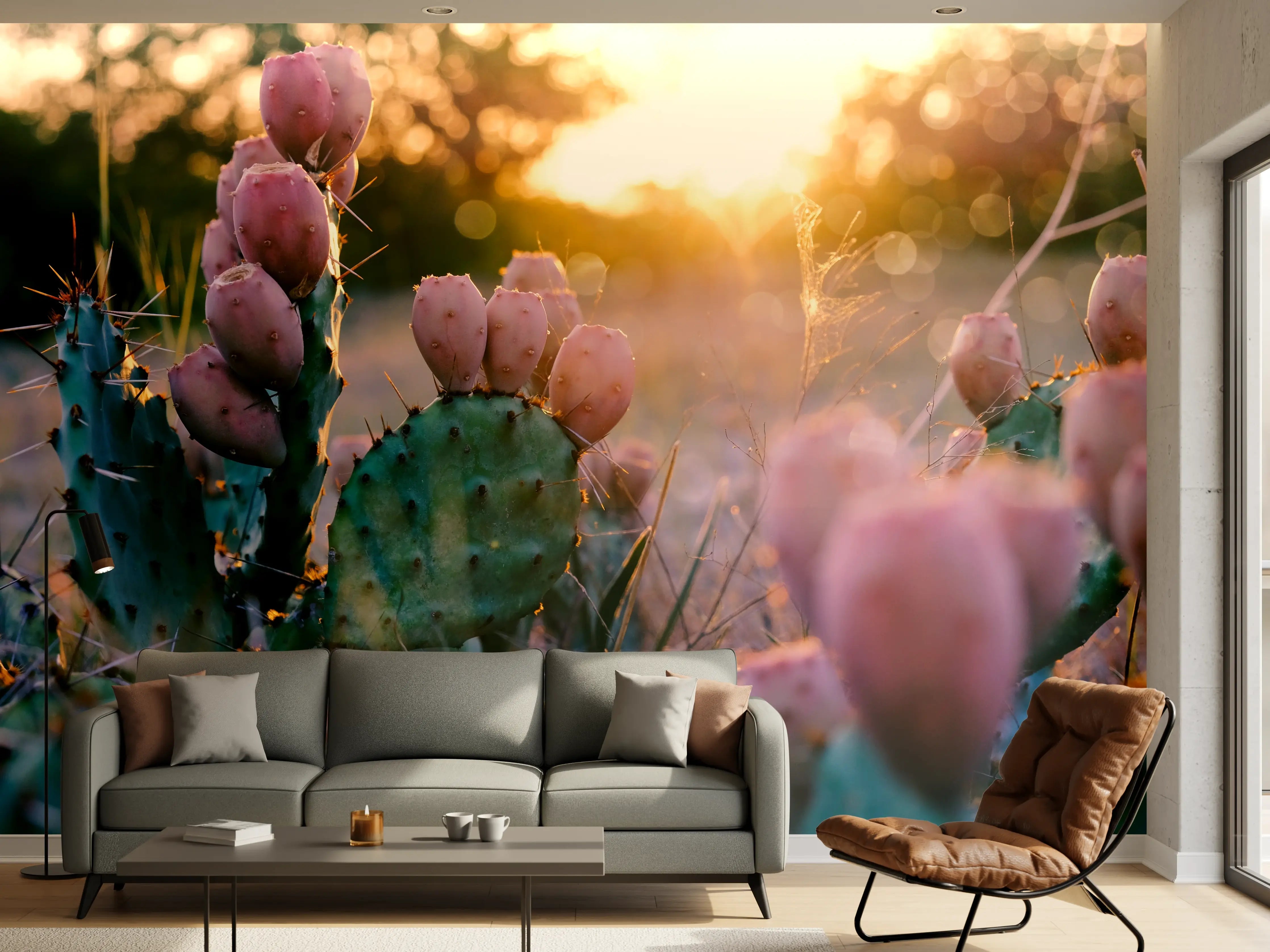 Wandverkleidung Wohnzimmer - Sonnenuntergang über Kakteen im Wüstensand