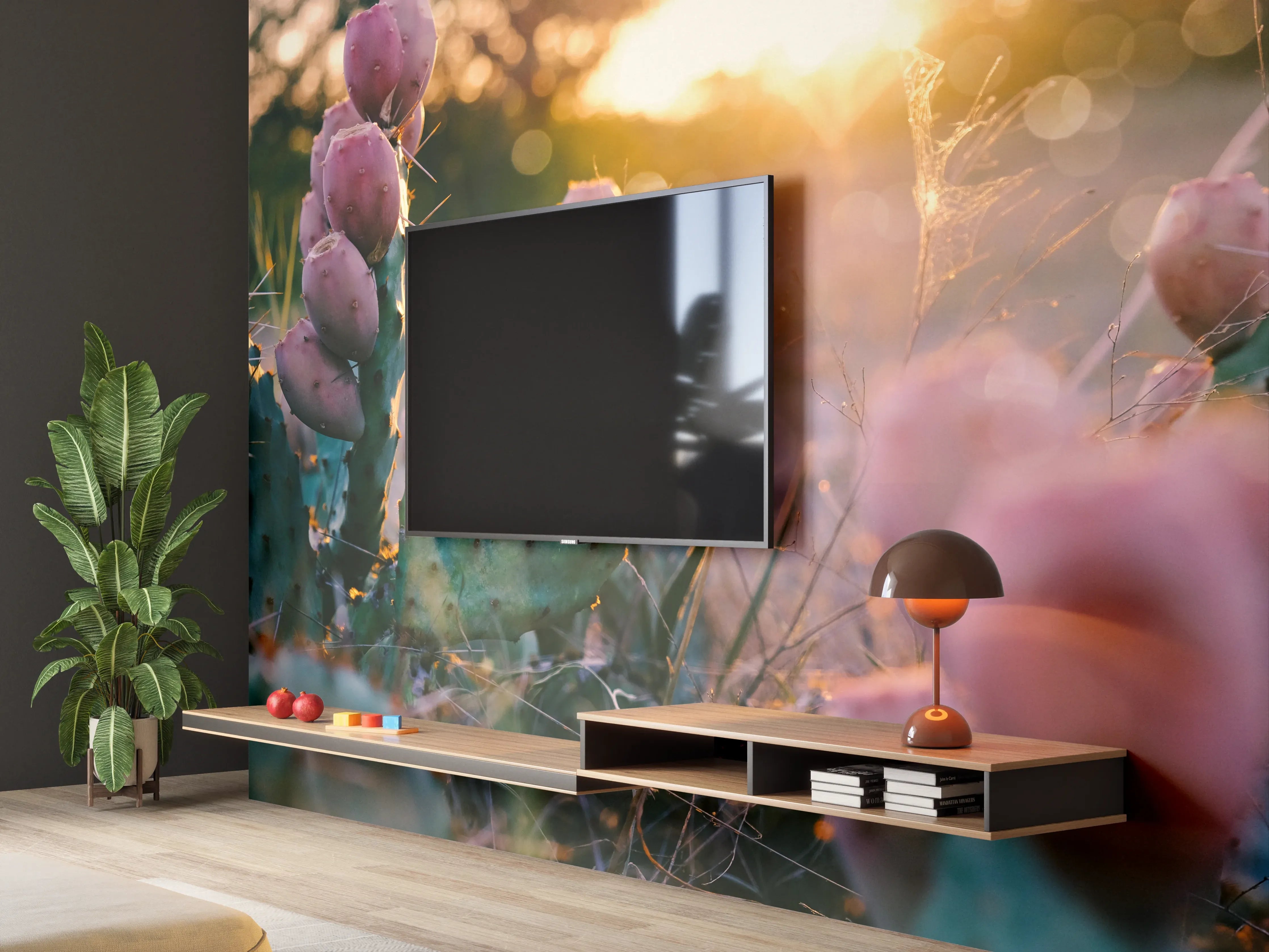 Wandverkleidung Wohnzimmer - Sonnenuntergang über Kakteen im Wüstensand