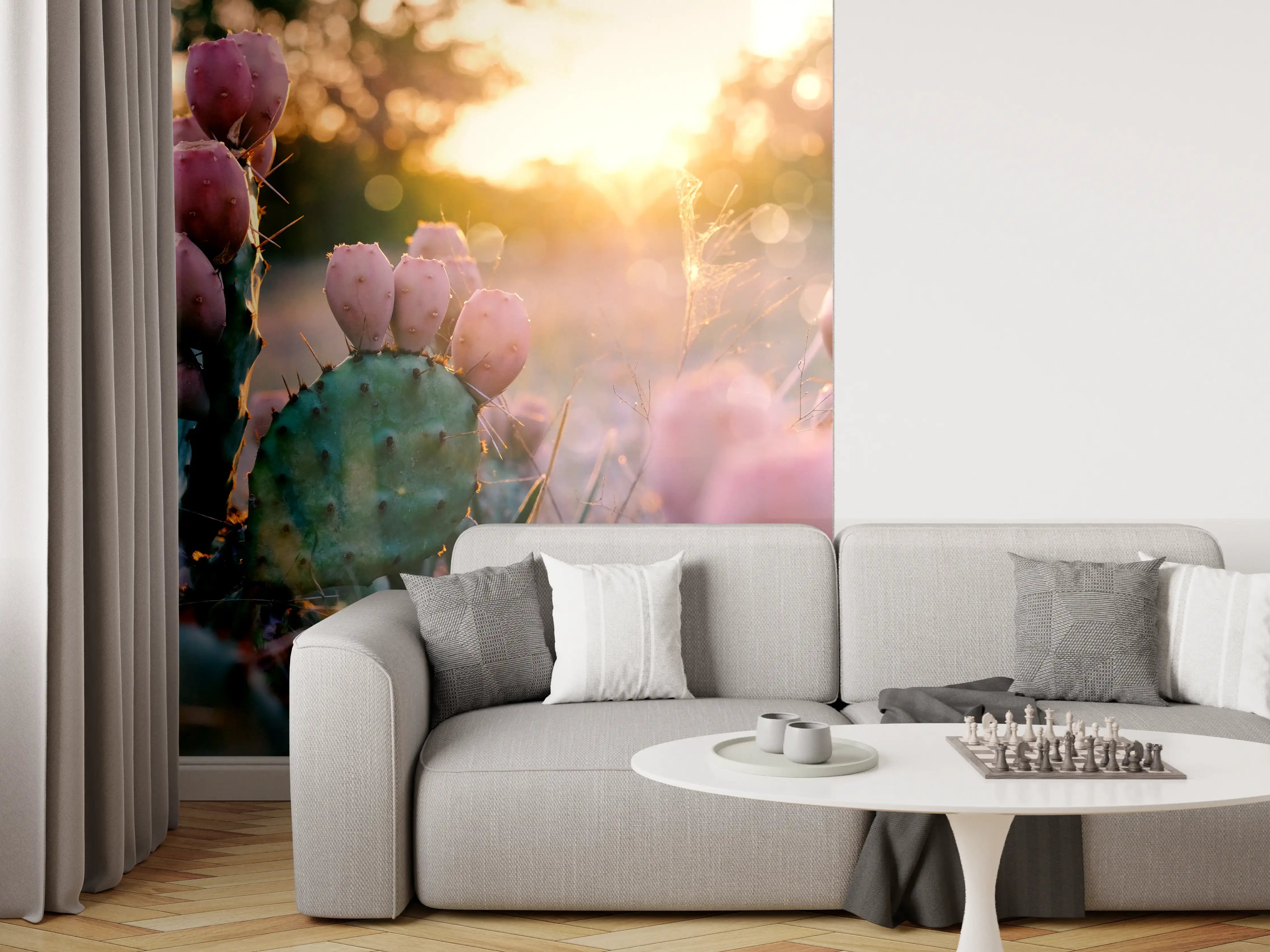 Wandverkleidung Wohnzimmer - Sonnenuntergang über Kakteen im Wüstensand