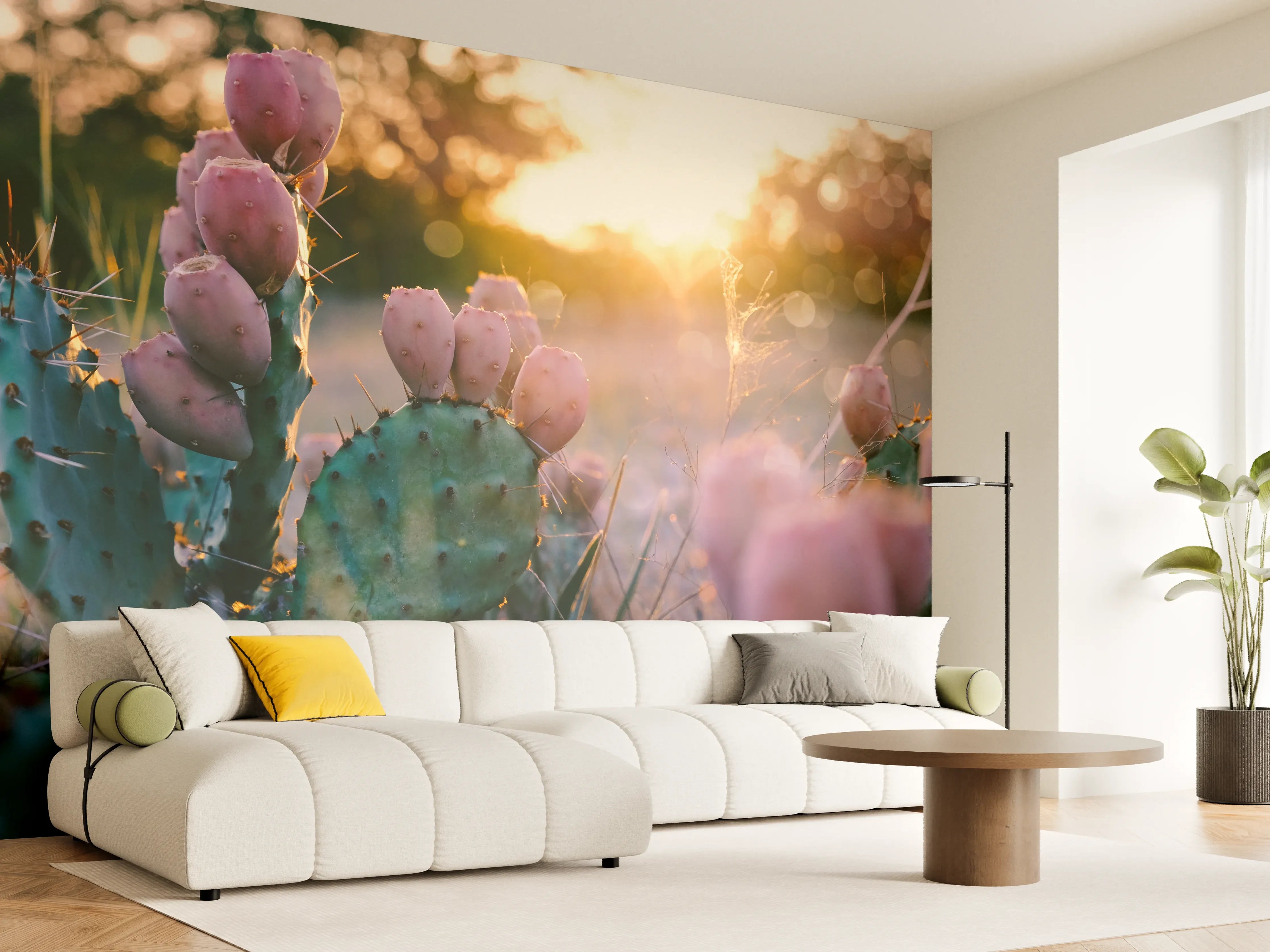 Wandverkleidung Wohnzimmer - Sonnenuntergang über Kakteen im Wüstensand