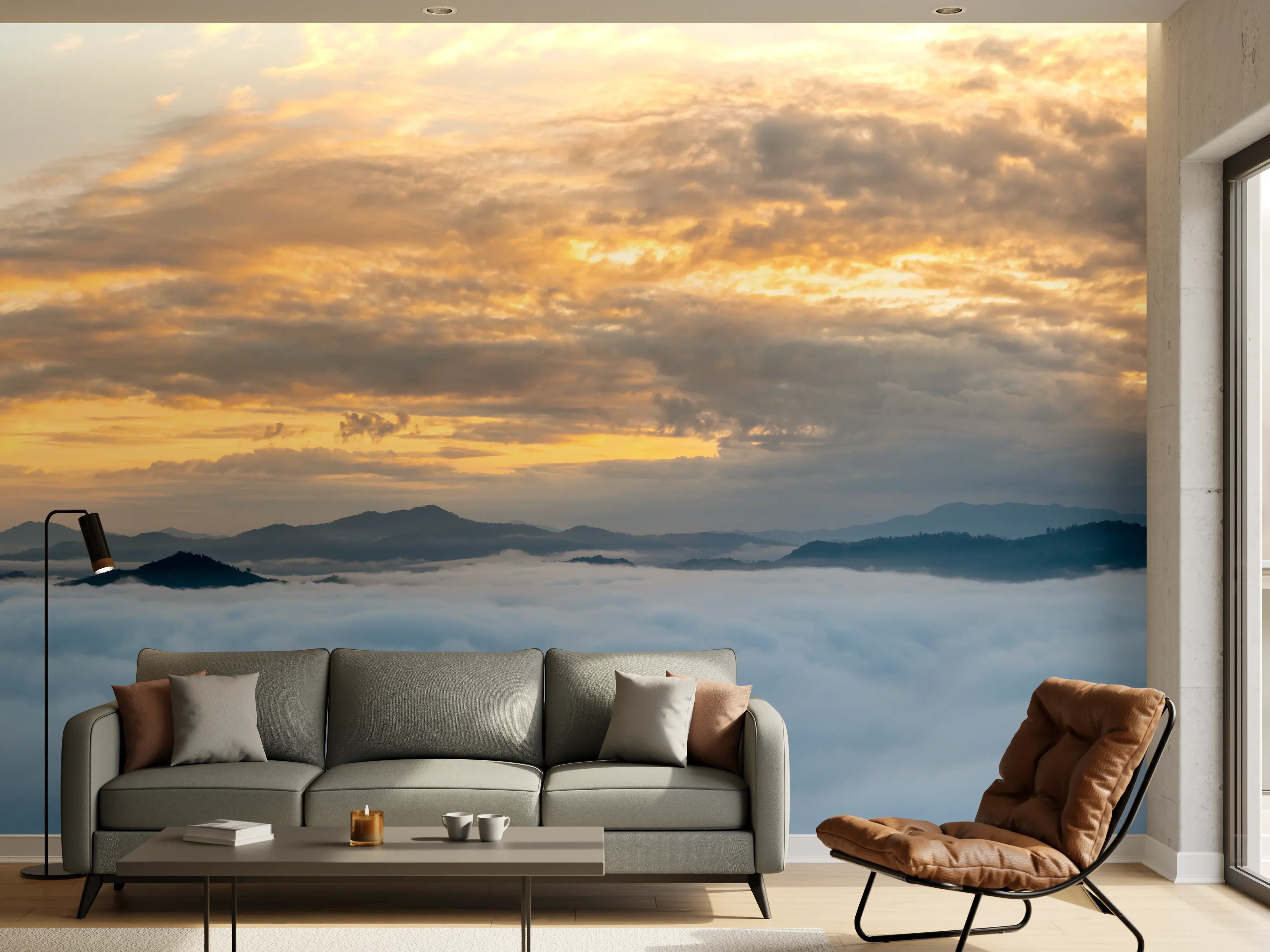Wandverkleidung Wohnzimmer - Sonnenuntergang über Wolkenmeer