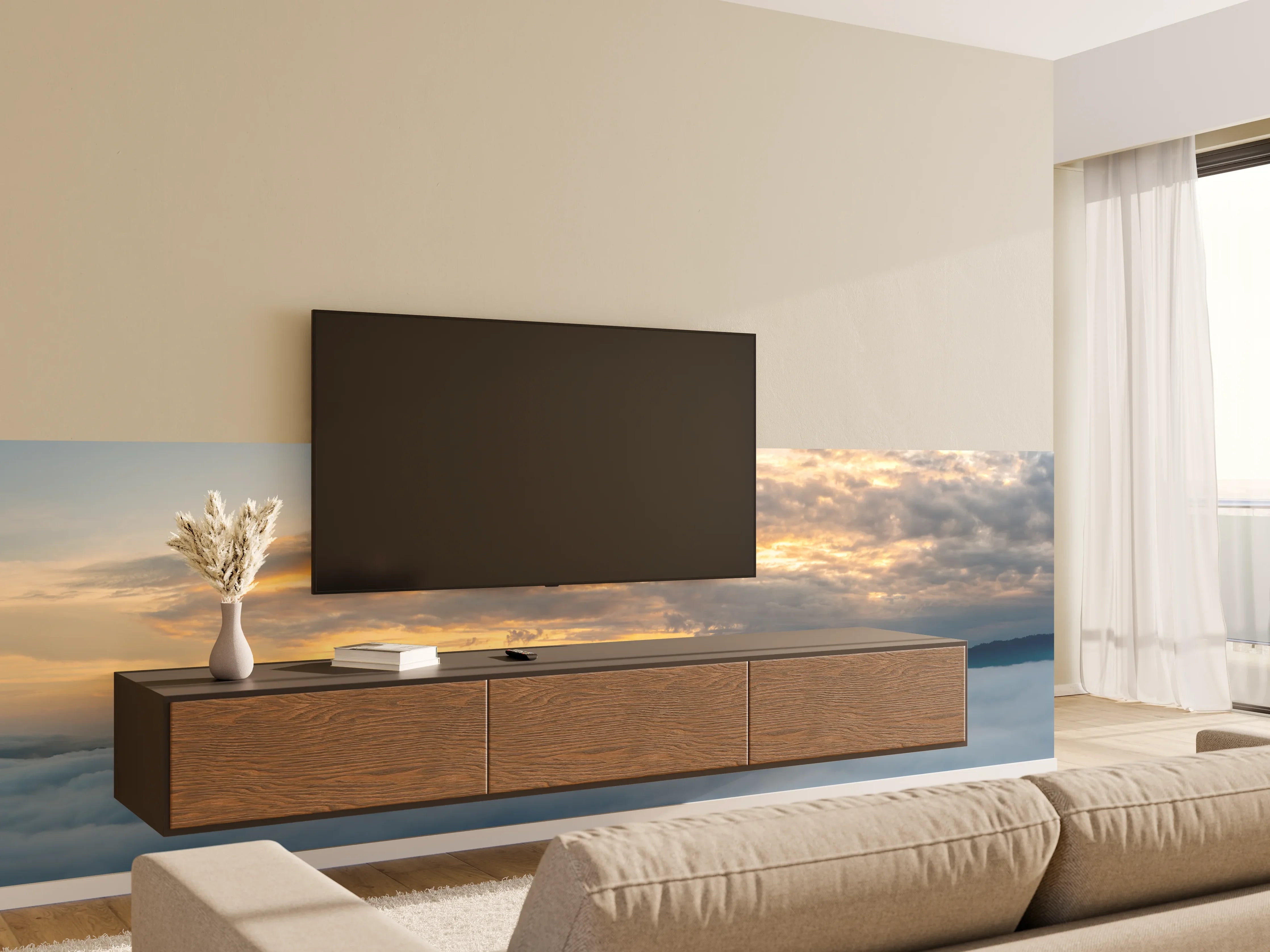 Wandverkleidung Wohnzimmer - Sonnenuntergang über Wolkenmeer
