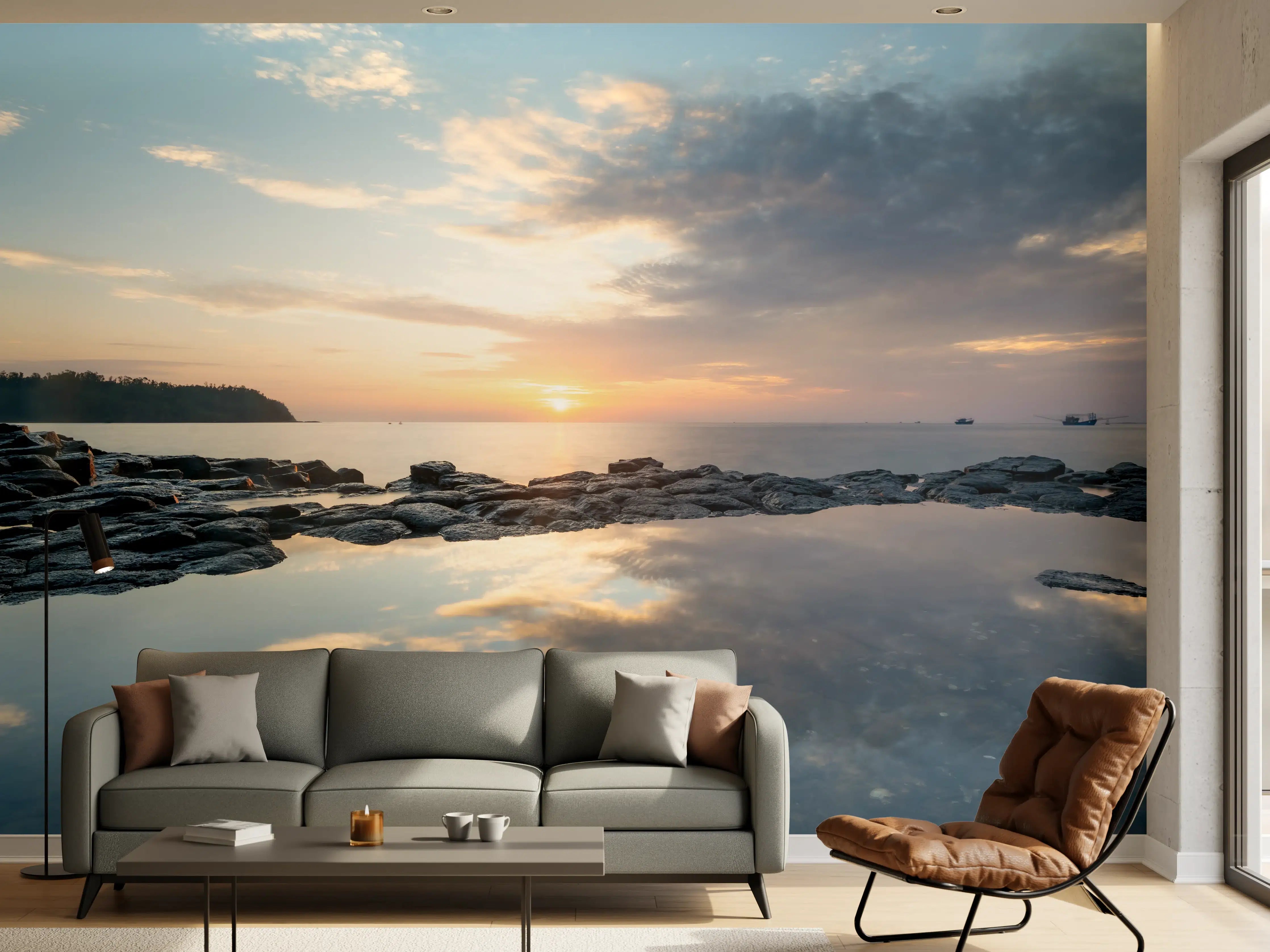 Wandverkleidung Wohnzimmer - Sonnenuntergang über dem Meer mit reflektierendem Wasser