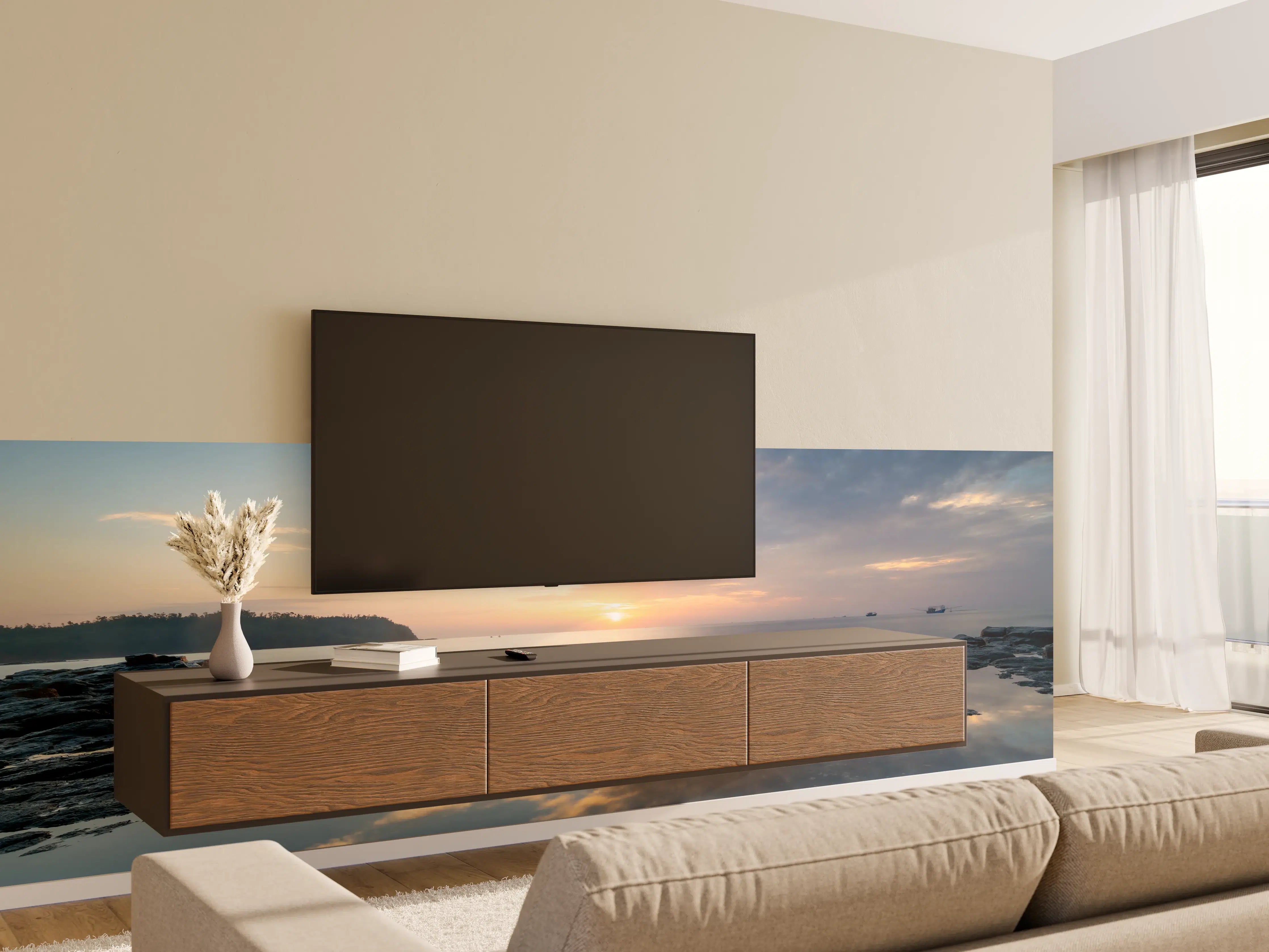 Wandverkleidung Wohnzimmer - Sonnenuntergang über dem Meer mit reflektierendem Wasser