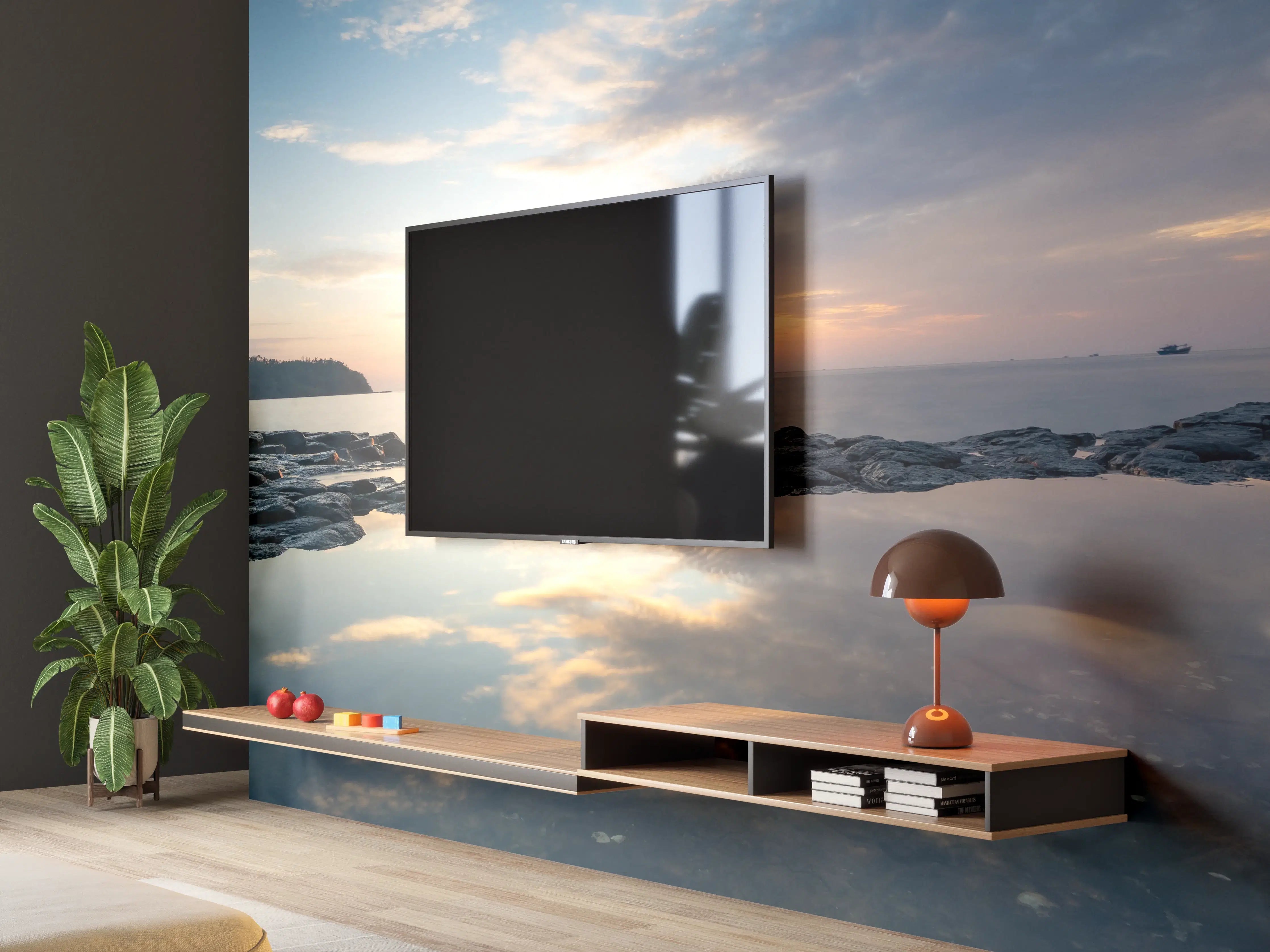 Wandverkleidung Wohnzimmer - Sonnenuntergang über dem Meer mit reflektierendem Wasser