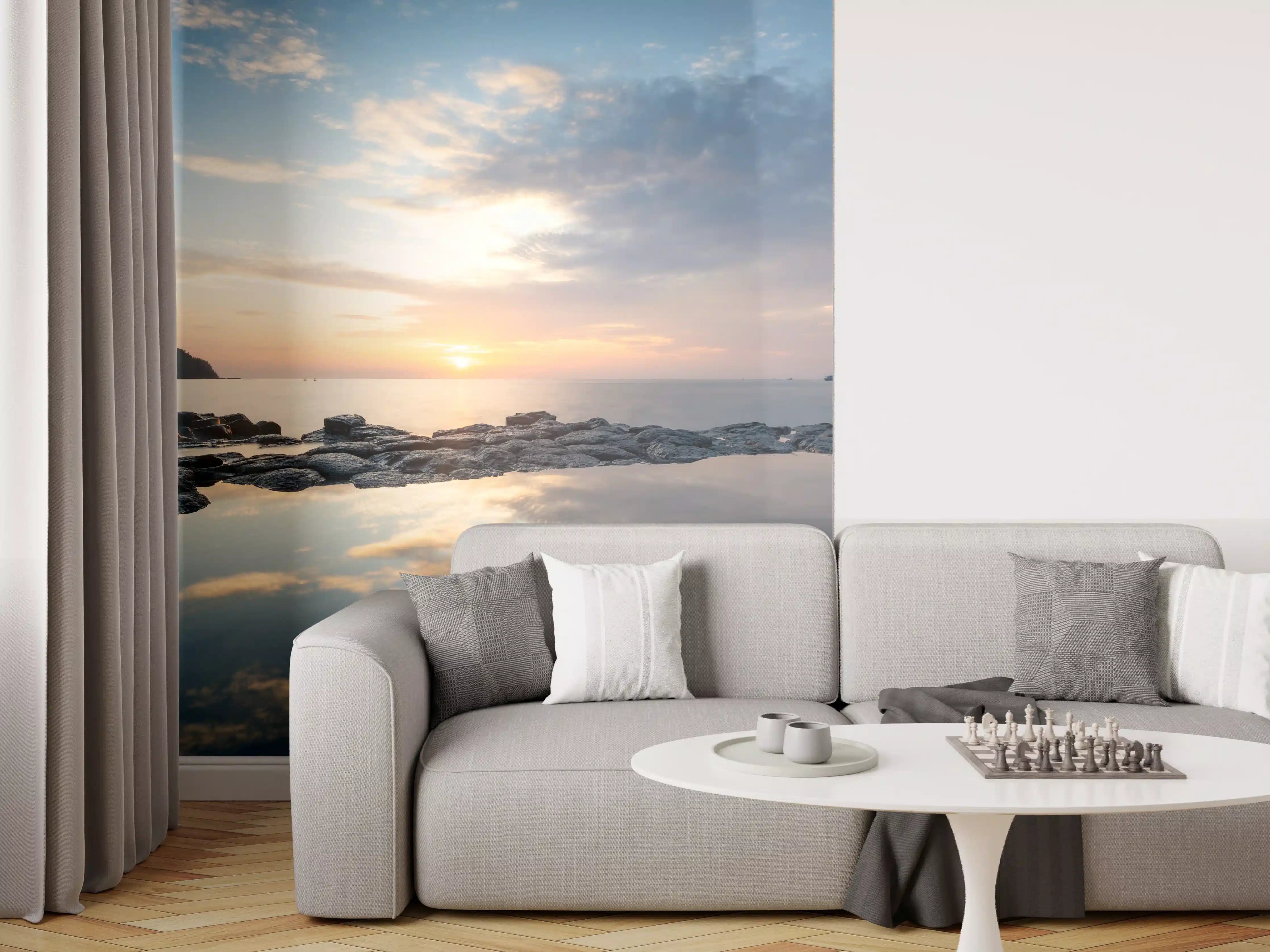 Wandverkleidung Wohnzimmer - Sonnenuntergang über dem Meer mit reflektierendem Wasser