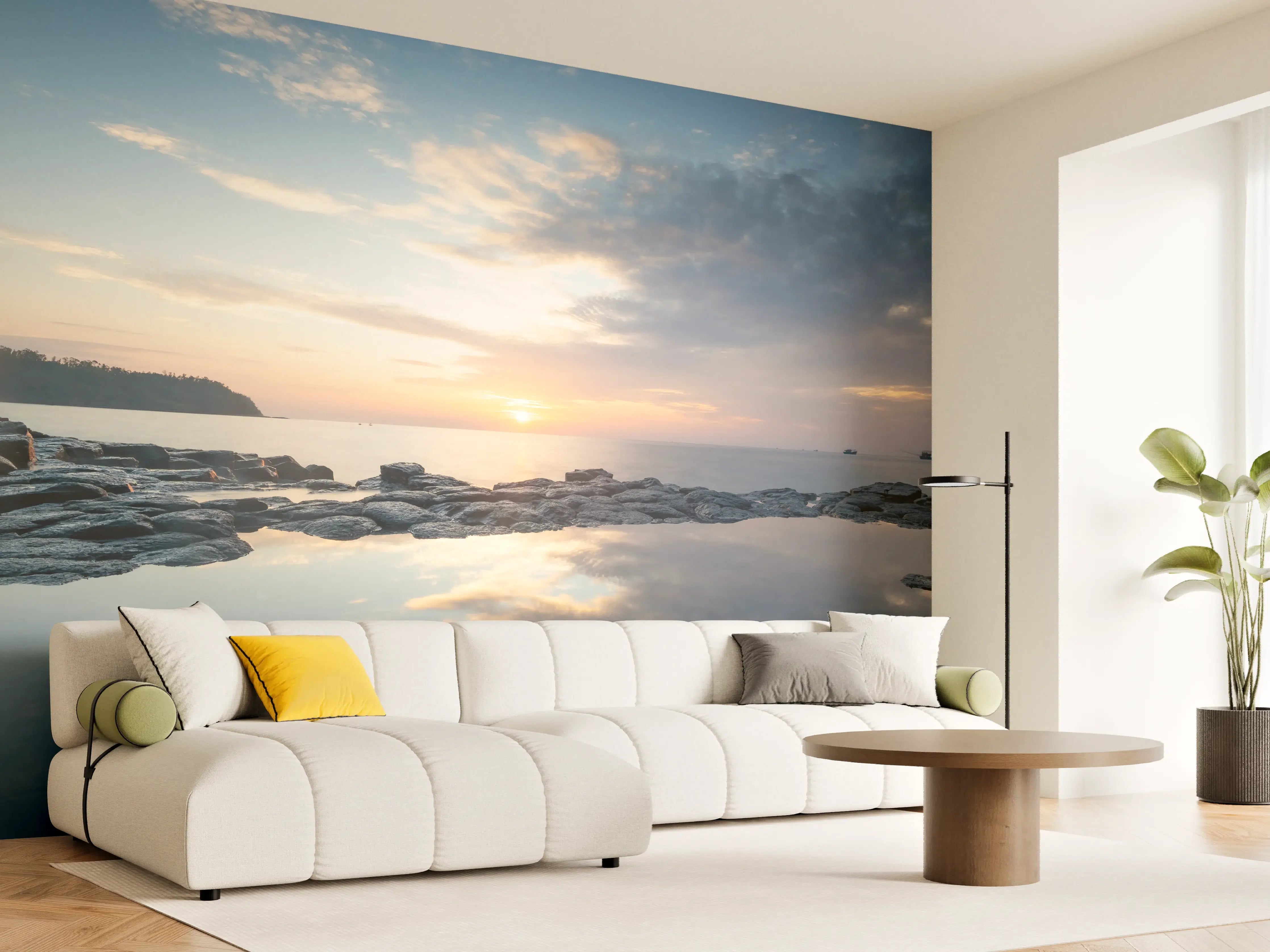 Wandverkleidung Wohnzimmer - Sonnenuntergang über dem Meer mit reflektierendem Wasser
