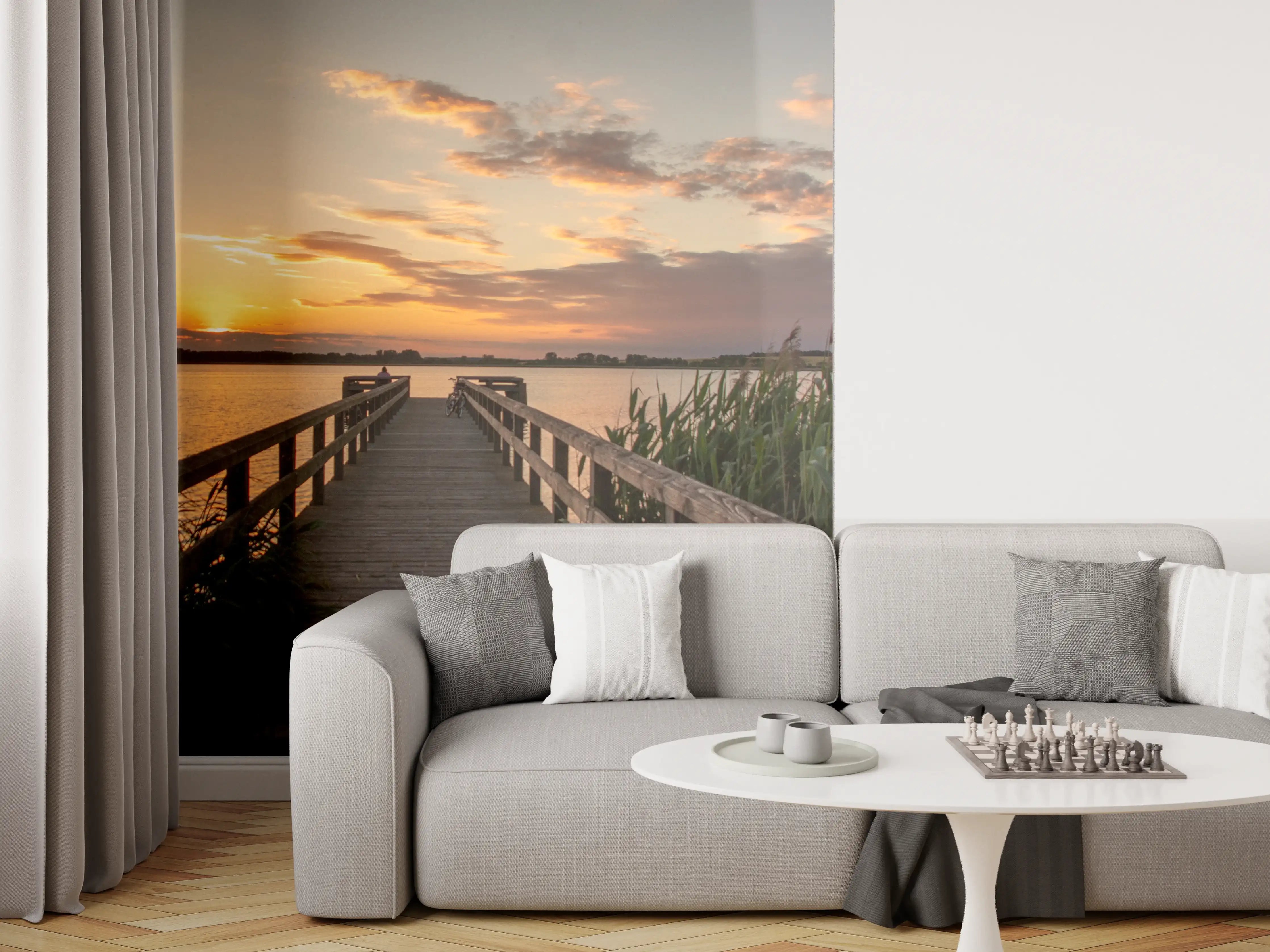 Wandverkleidung Wohnzimmer - Sonnenuntergang über dem Wasser mit Holzsteg