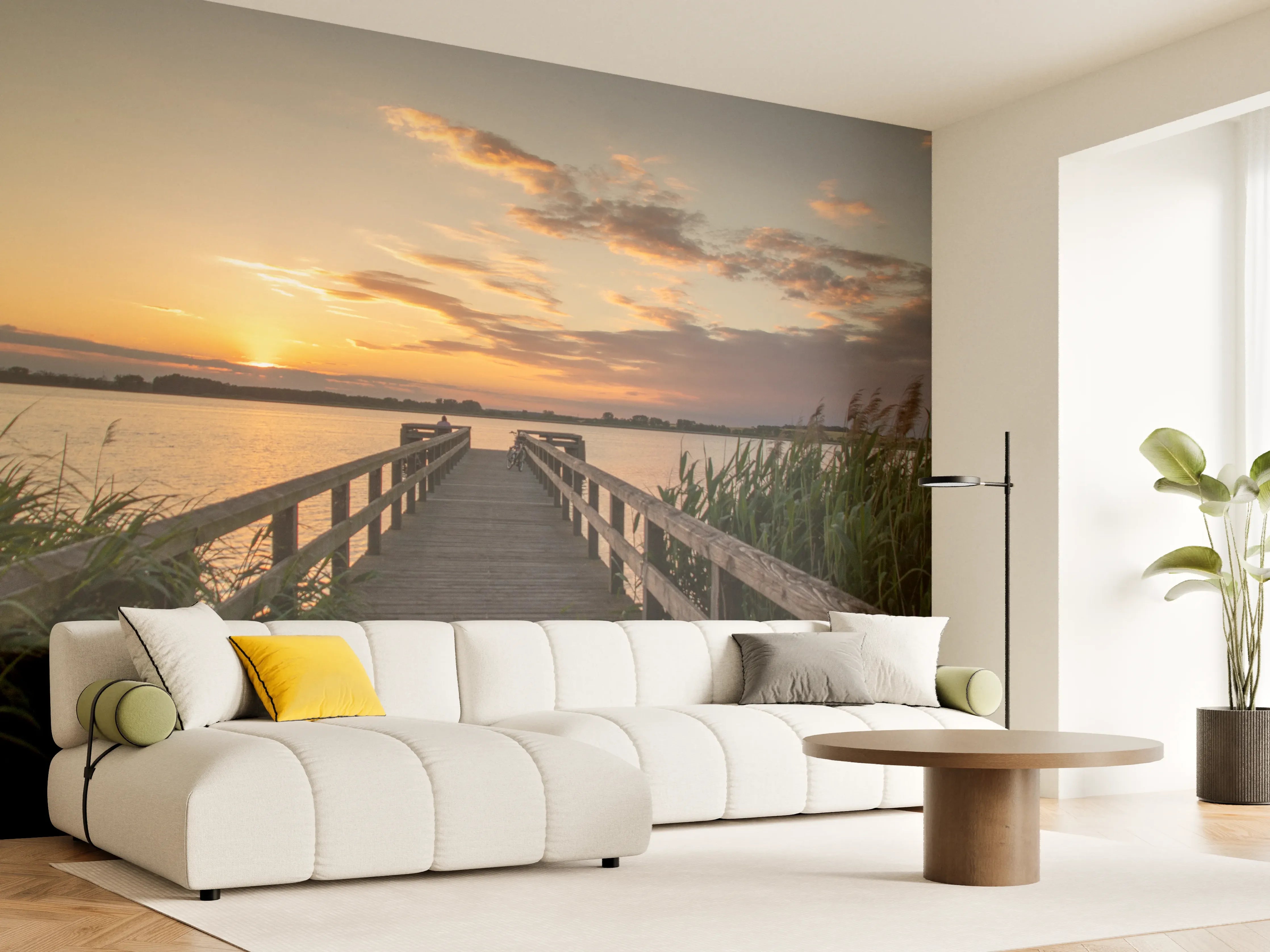 Wandverkleidung Wohnzimmer - Sonnenuntergang über dem Wasser mit Holzsteg