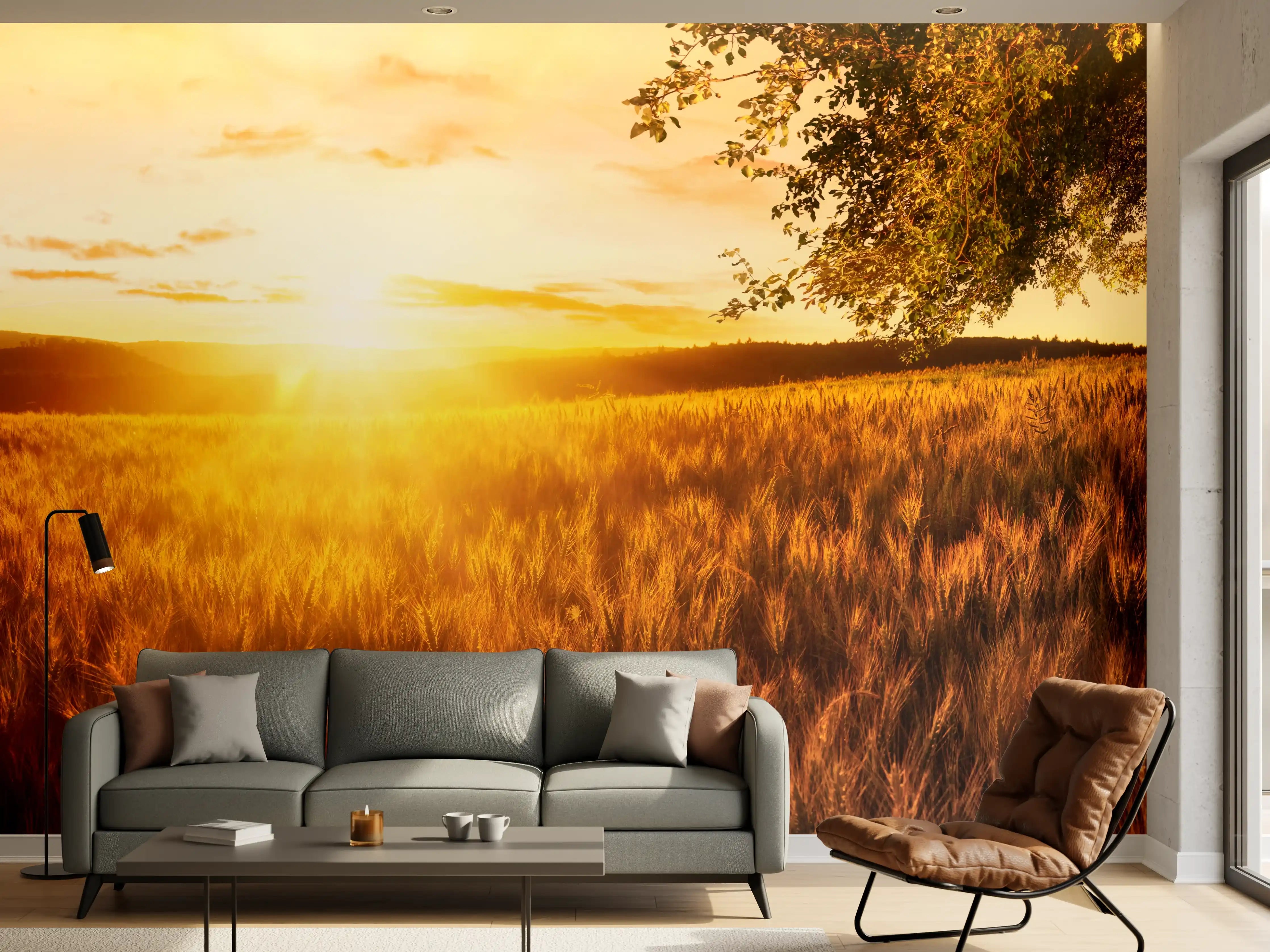 Wandverkleidung Wohnzimmer - Sonnenuntergang über der Wiese