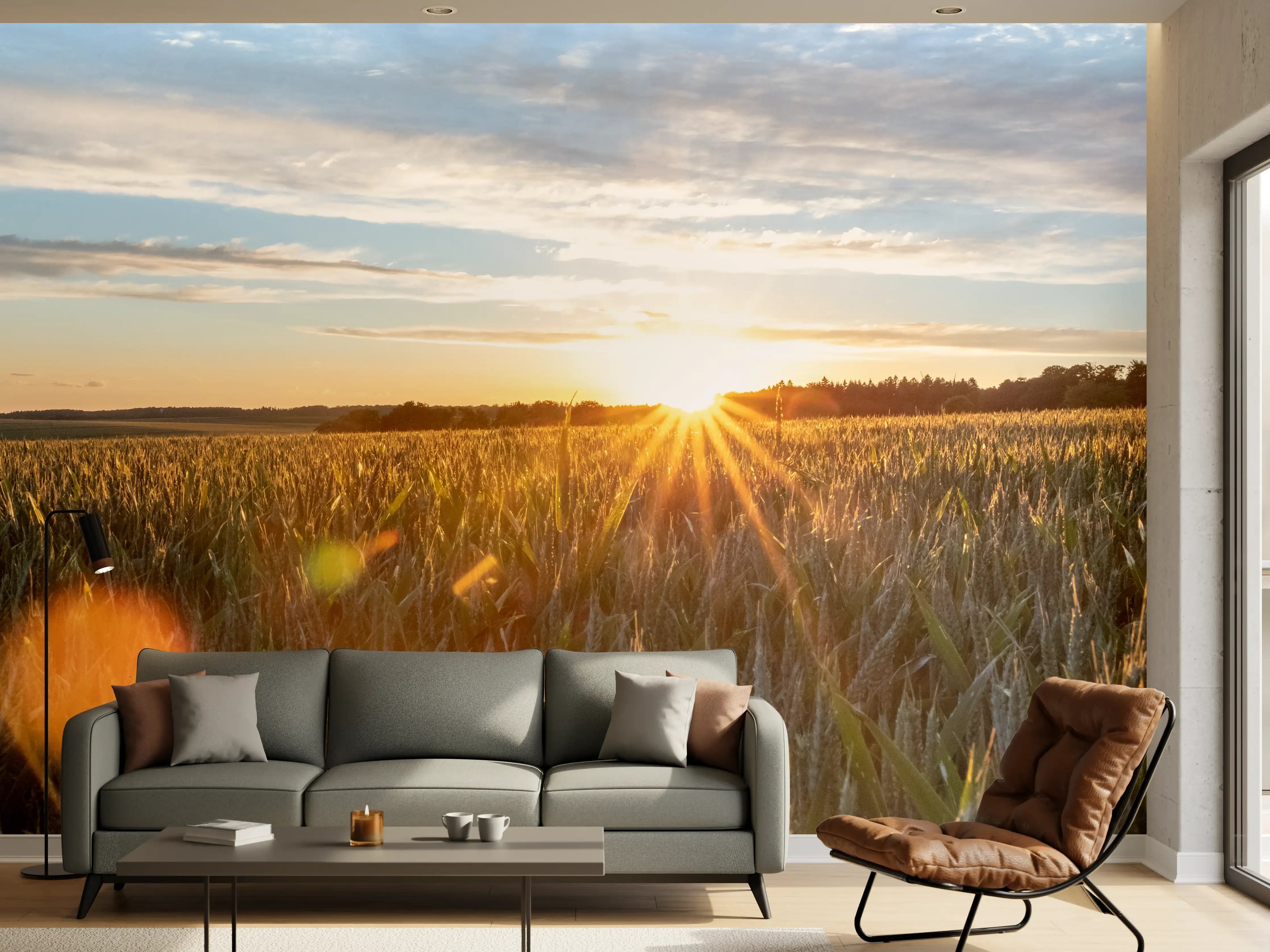 Wandverkleidung Wohnzimmer - Sonnenuntergang über einem Kornfeld