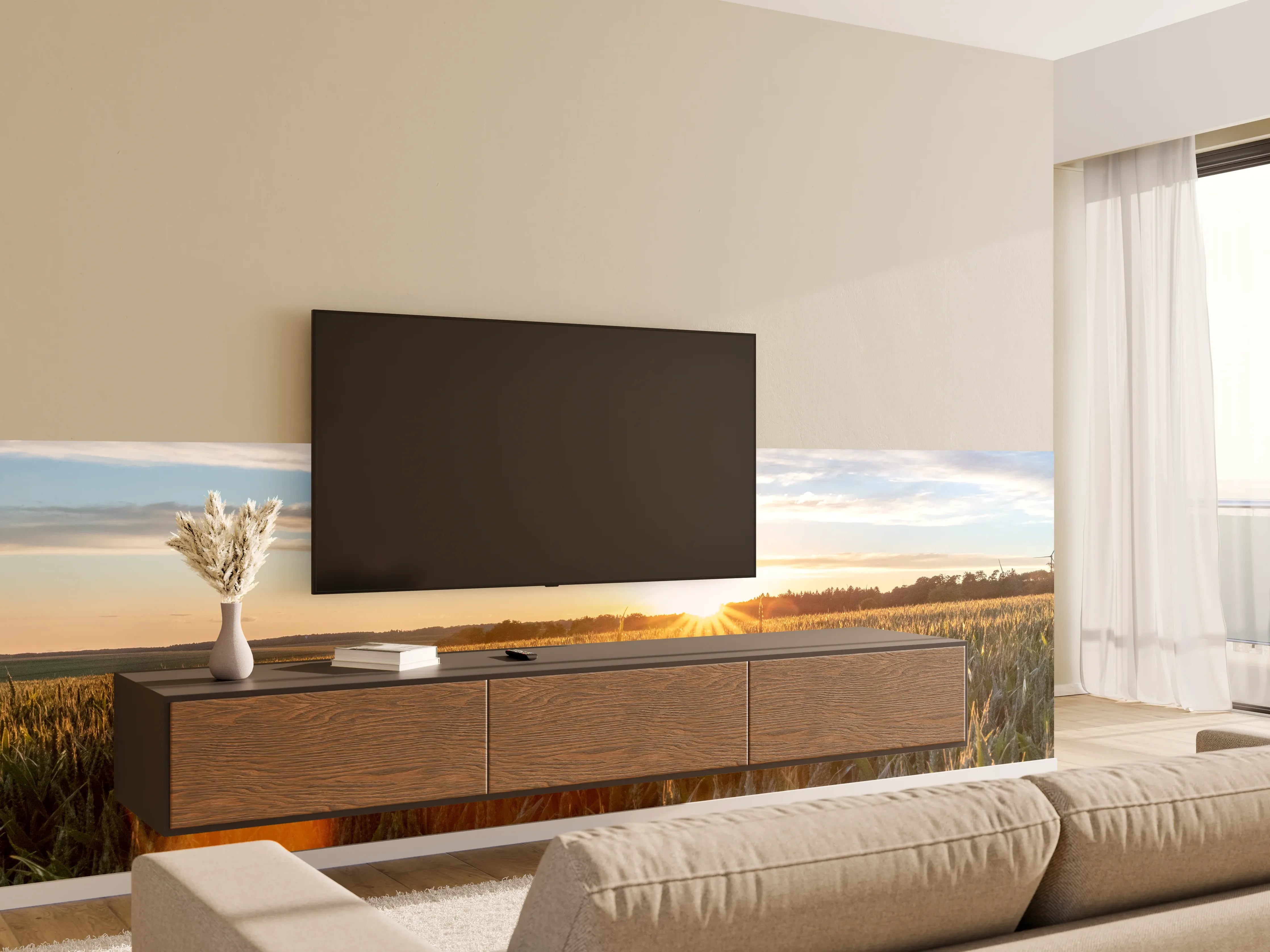 Wandverkleidung Wohnzimmer - Sonnenuntergang über einem Kornfeld