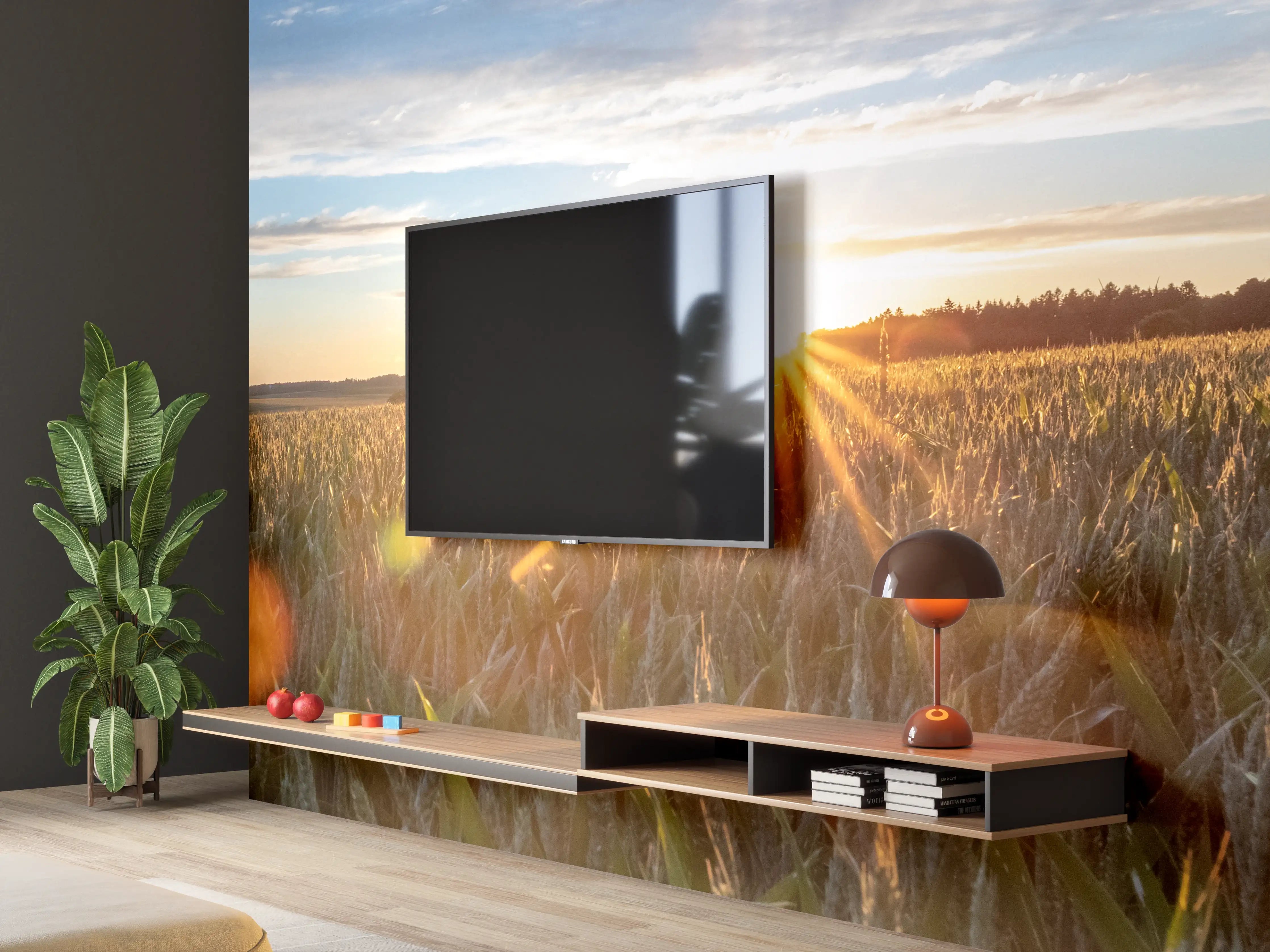Wandverkleidung Wohnzimmer - Sonnenuntergang über einem Kornfeld