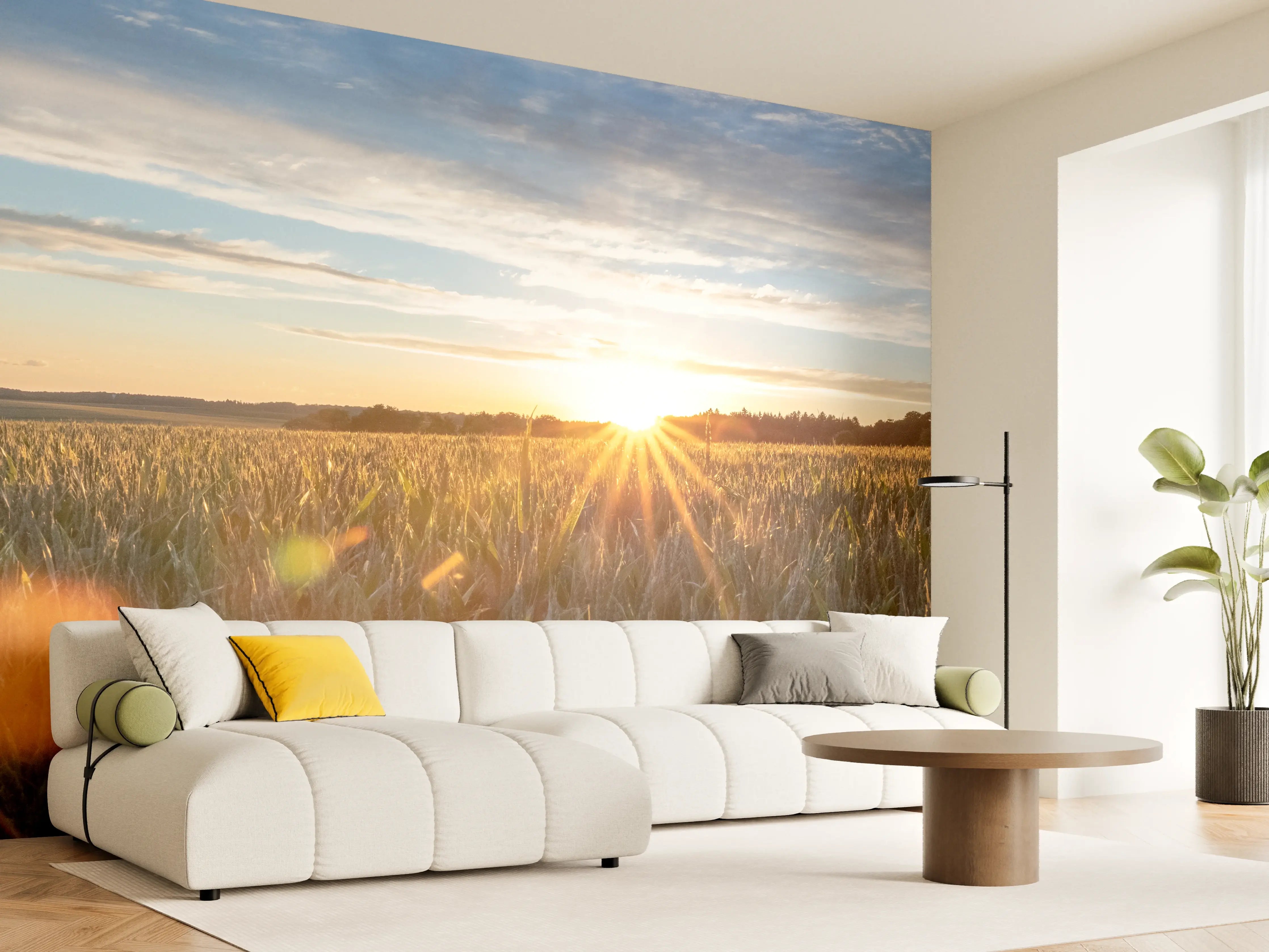 Wandverkleidung Wohnzimmer - Sonnenuntergang über einem Kornfeld