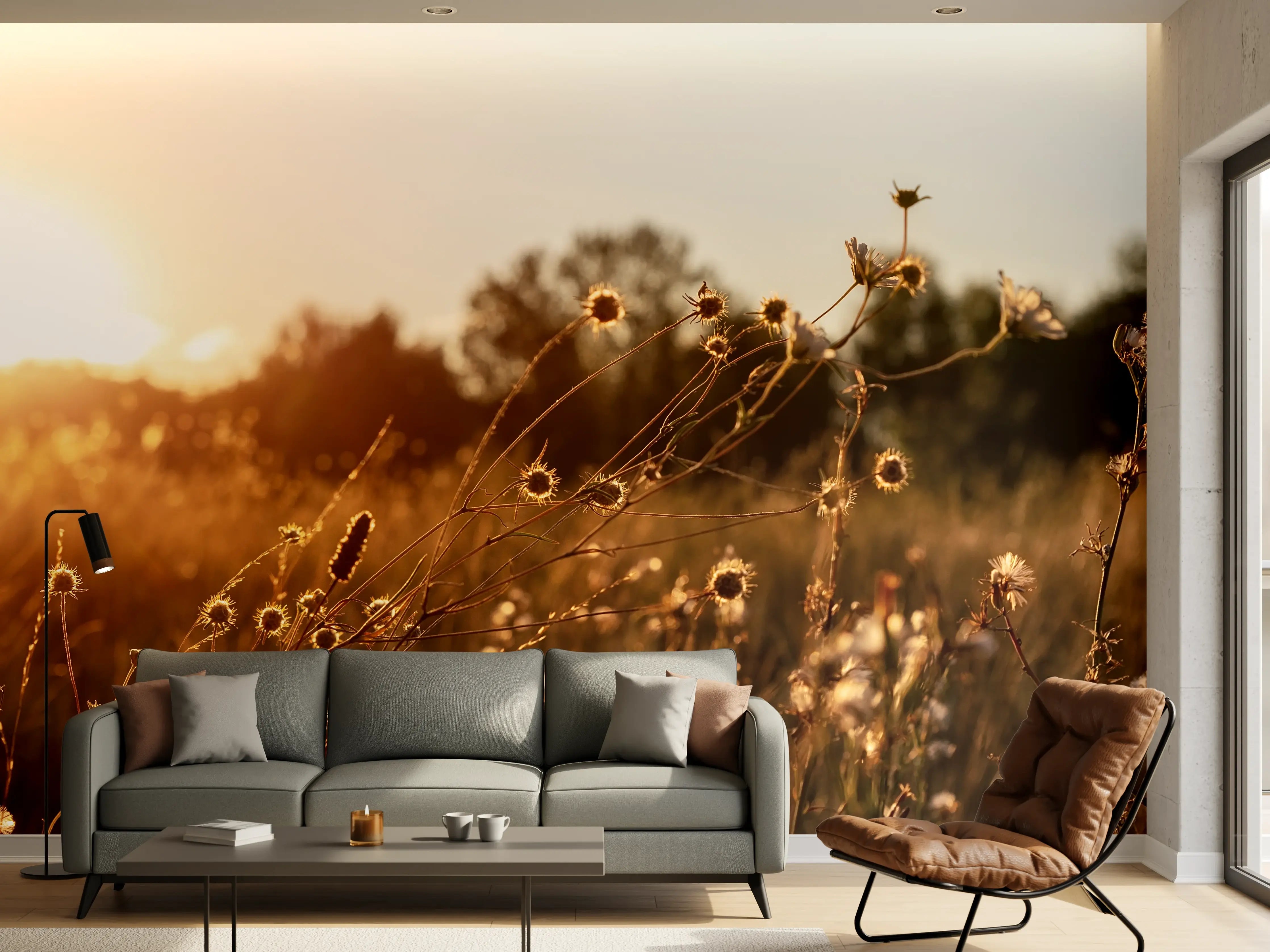 Wandverkleidung Wohnzimmer - Sonnenuntergang über einer Blumenwiese