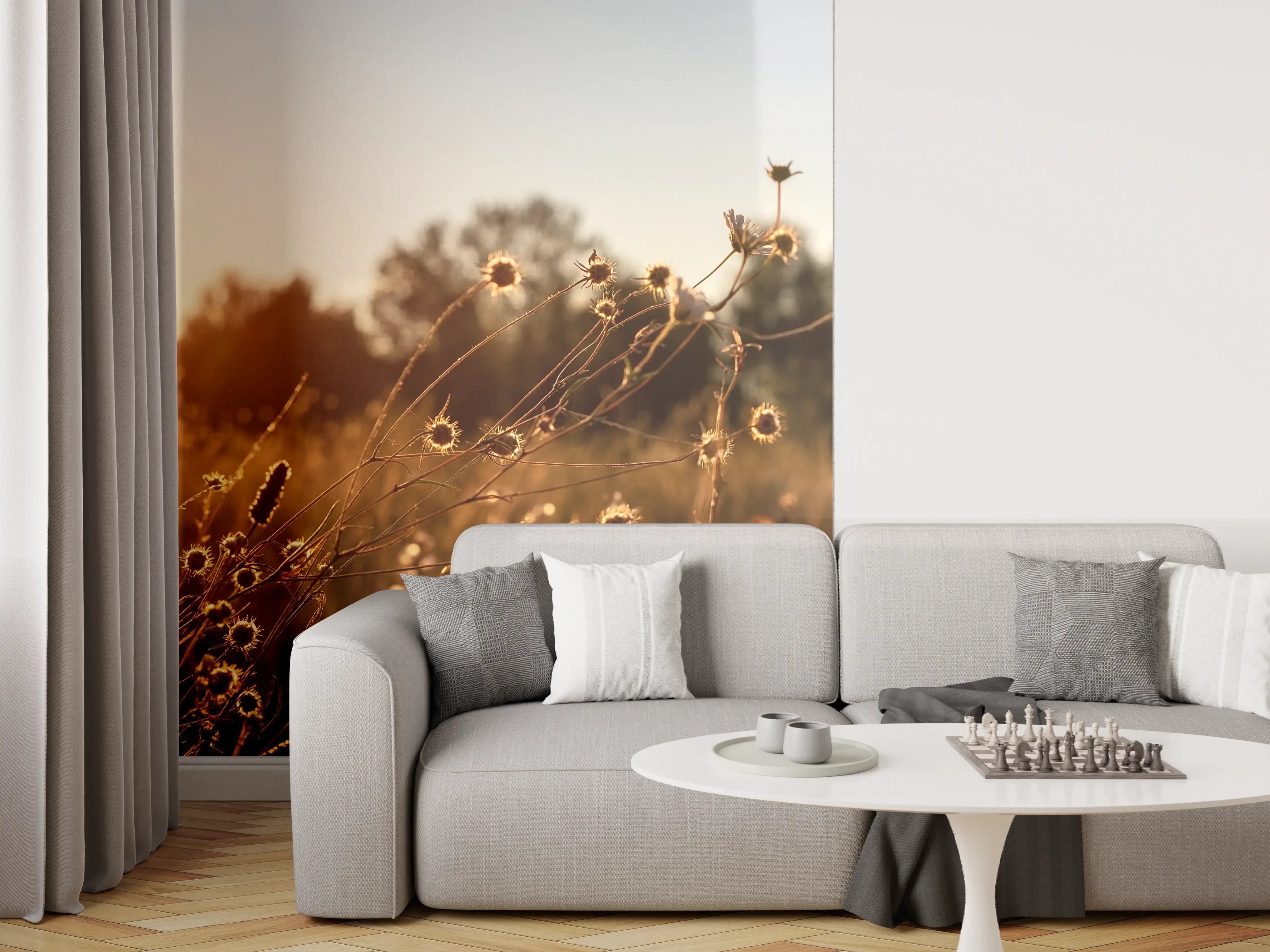 Wandverkleidung Wohnzimmer - Sonnenuntergang über einer Blumenwiese