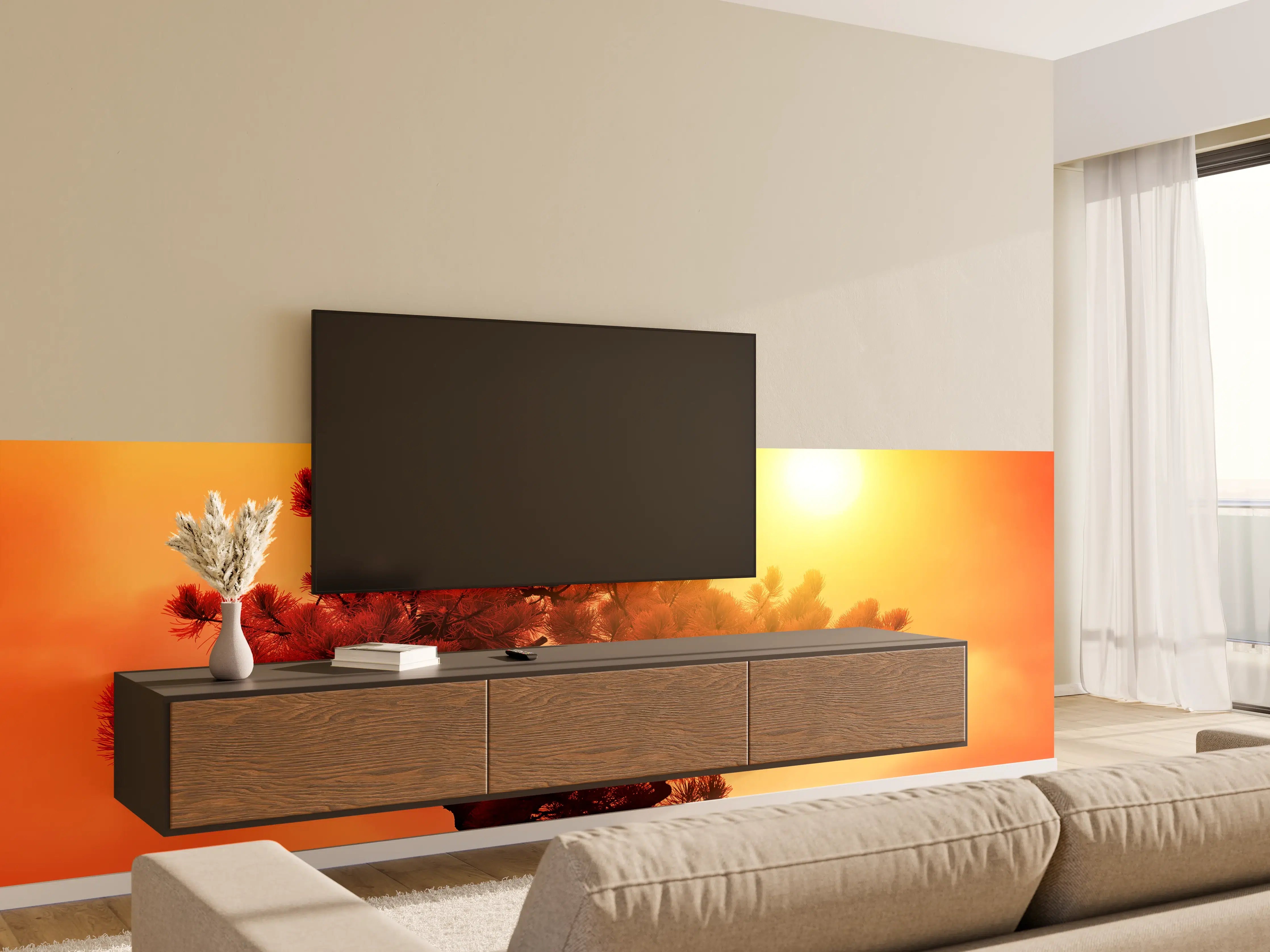Wandverkleidung Wohnzimmer - Sonnenuntergang über einer einsamen Tannenbaumkrone