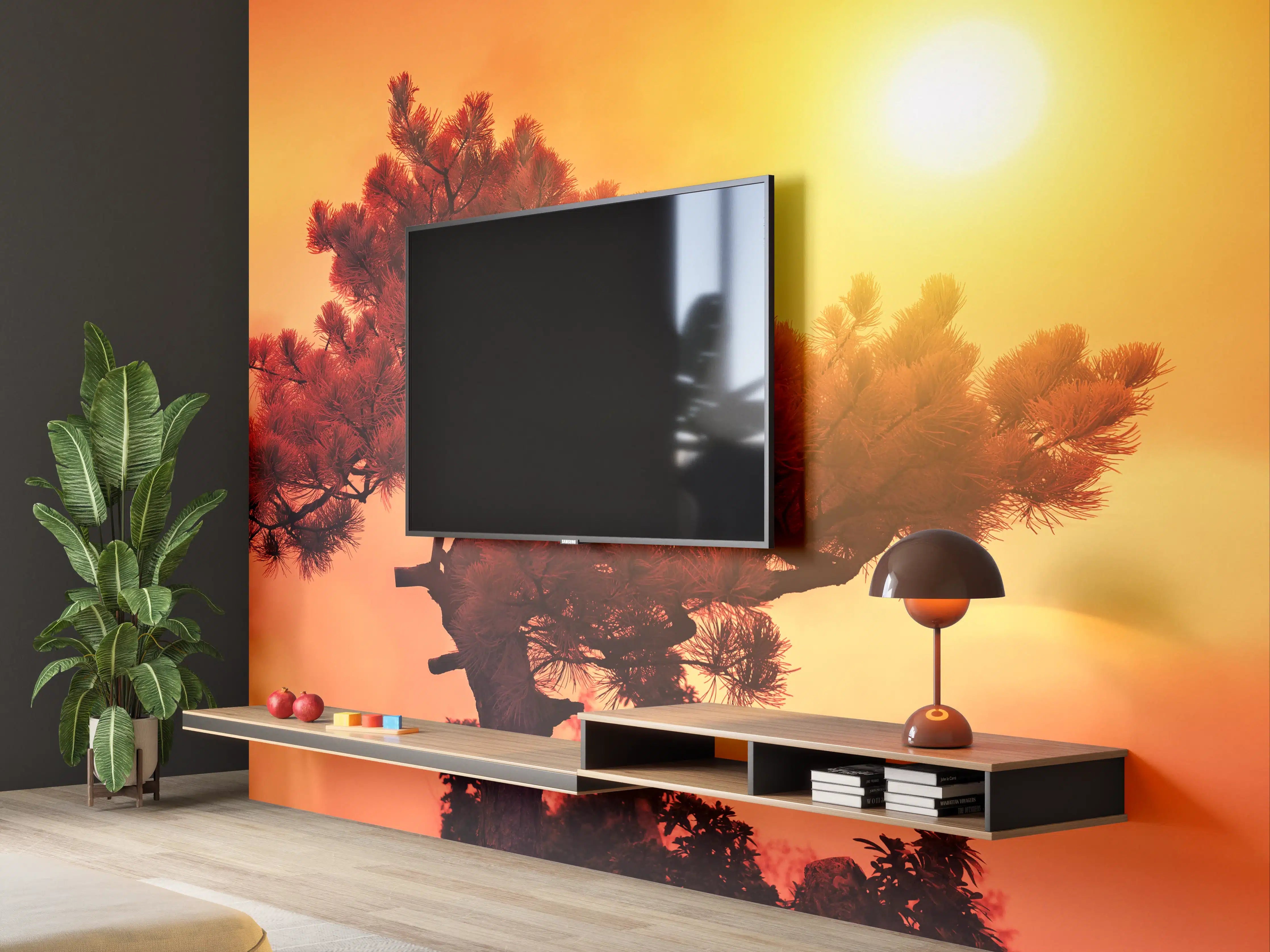 Wandverkleidung Wohnzimmer - Sonnenuntergang über einer einsamen Tannenbaumkrone