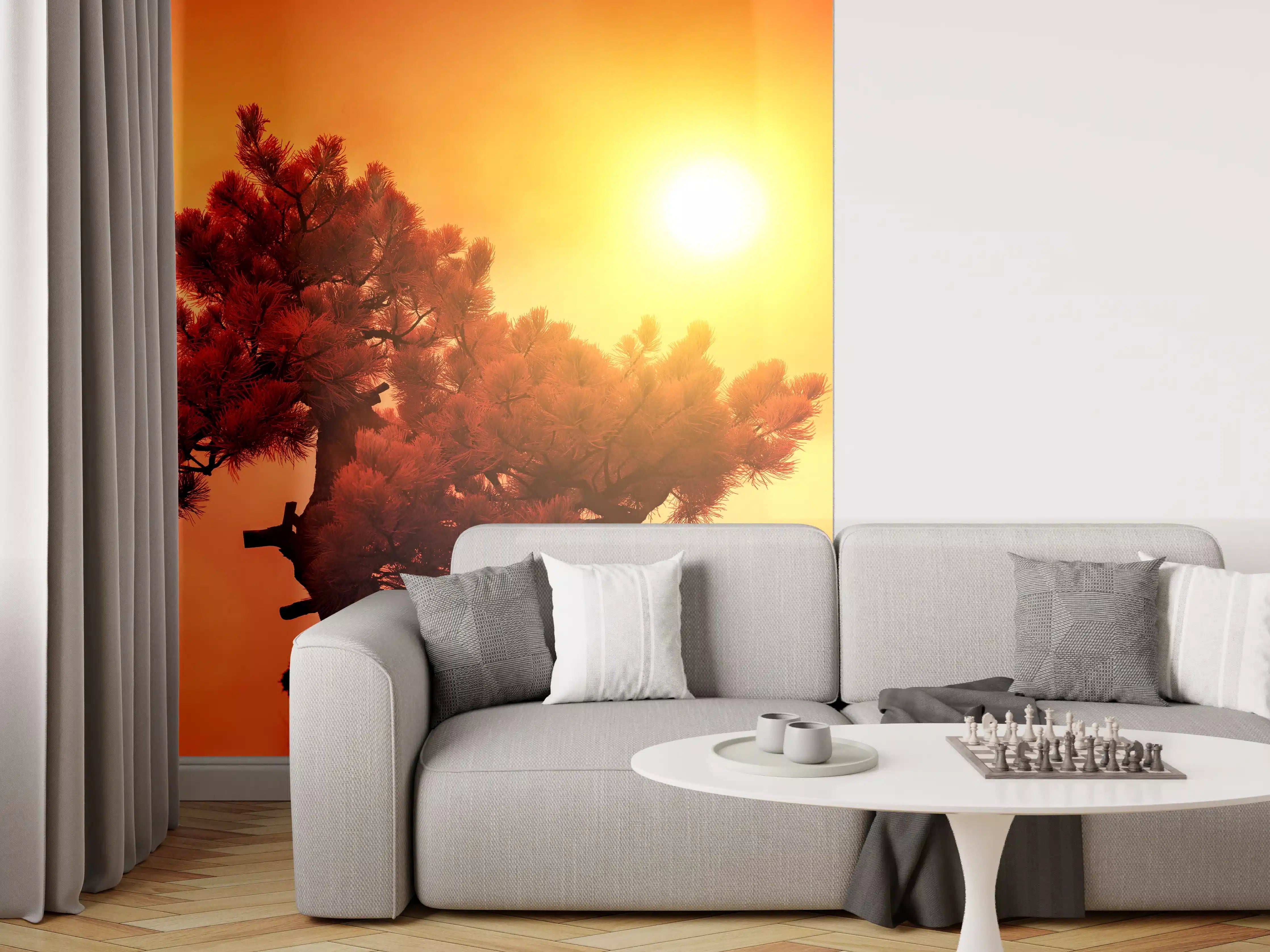 Wandverkleidung Wohnzimmer - Sonnenuntergang über einer einsamen Tannenbaumkrone