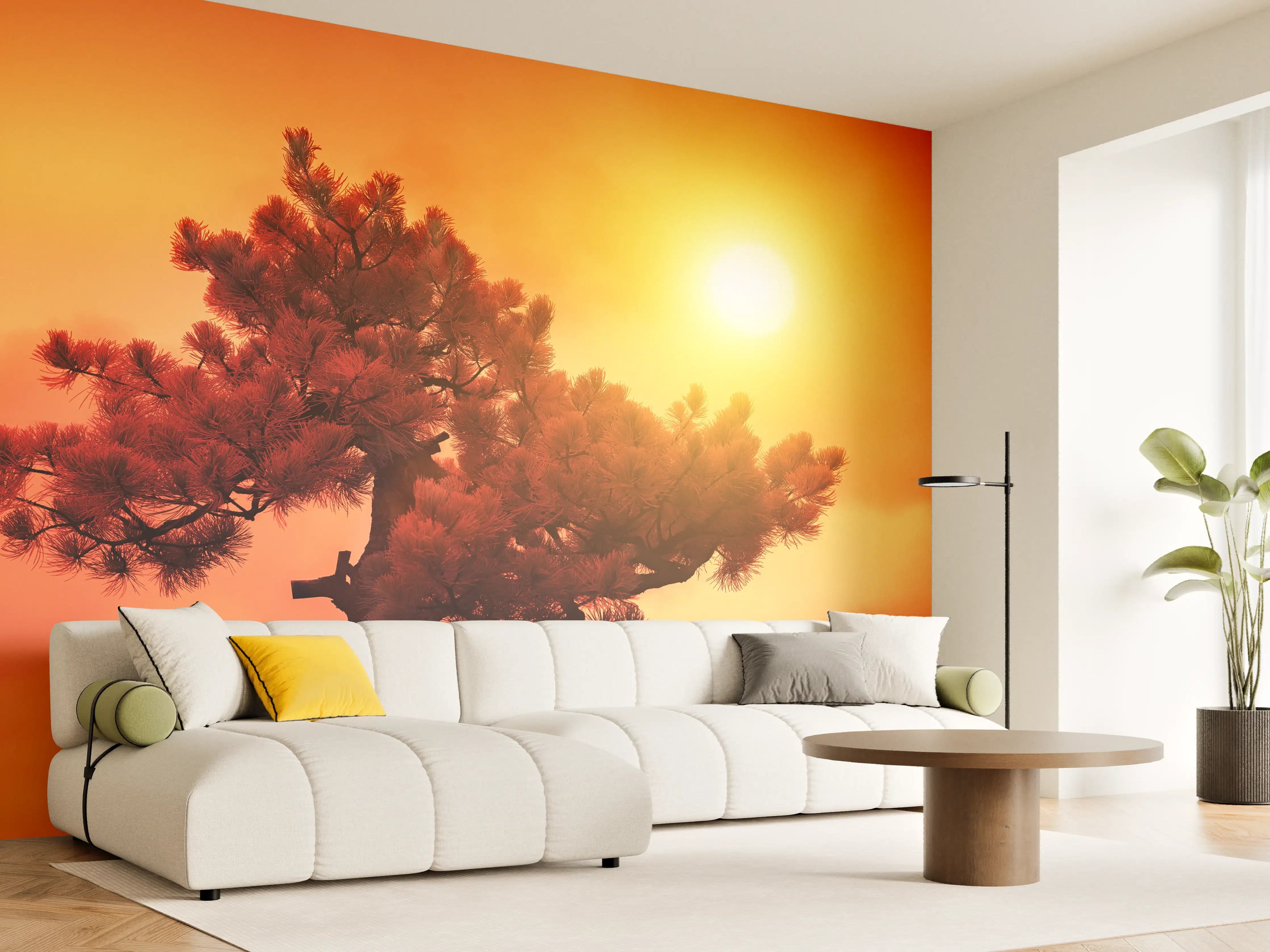 Wandverkleidung Wohnzimmer - Sonnenuntergang über einer einsamen Tannenbaumkrone