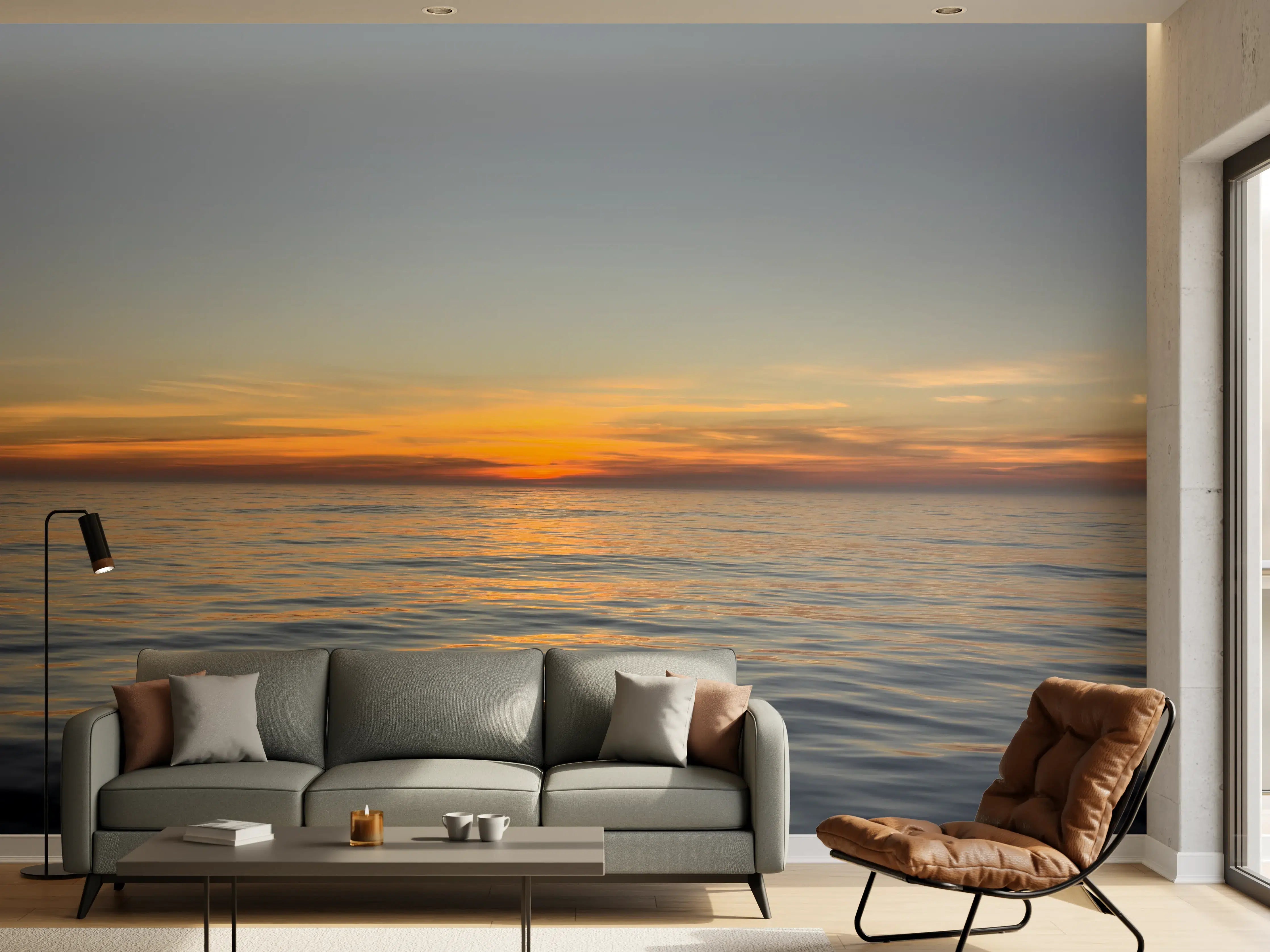 Wandverkleidung Wohnzimmer - Sonnenuntergang über ruhigem Meer