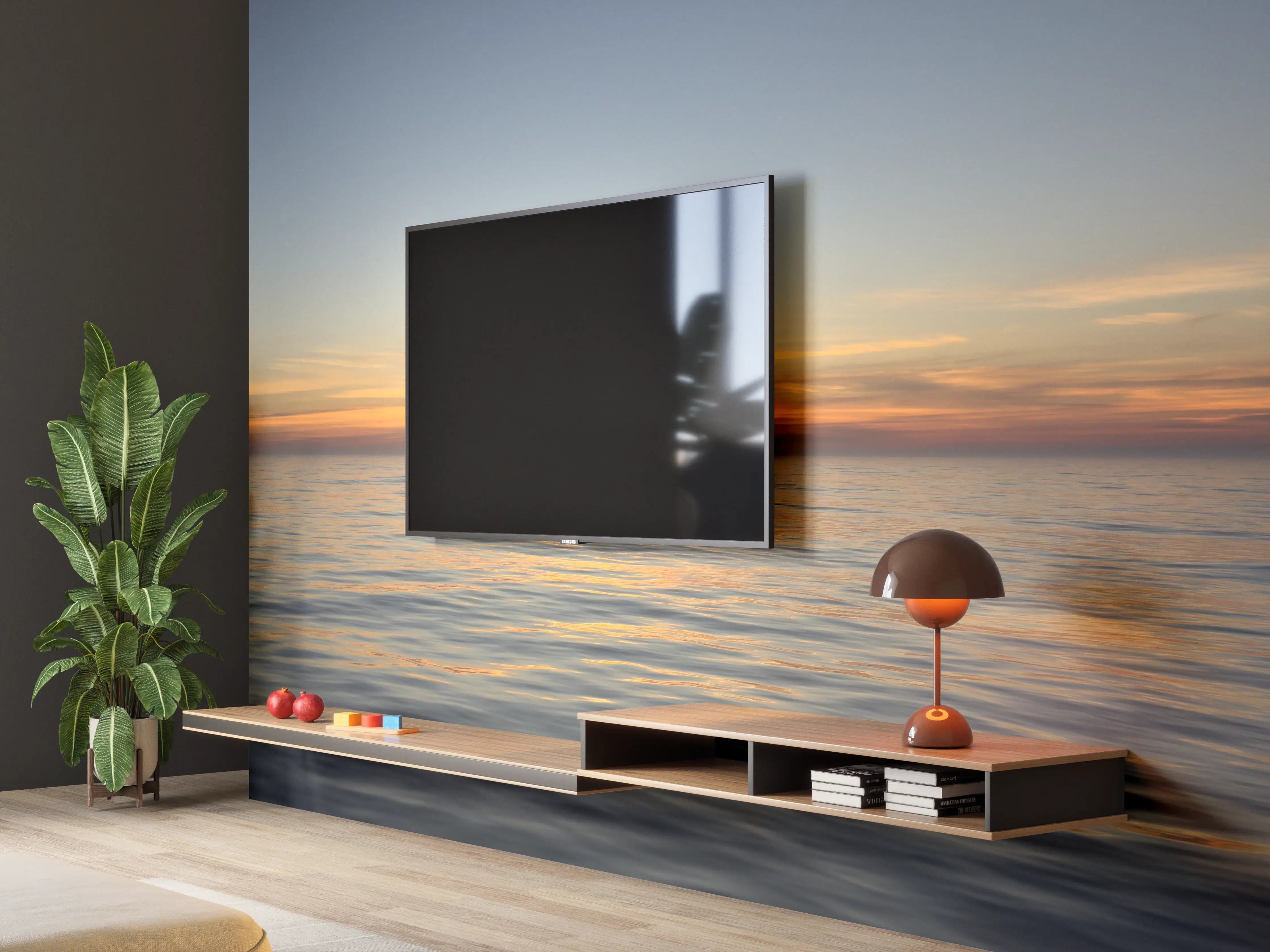 Wandverkleidung Wohnzimmer - Sonnenuntergang über ruhigem Meer