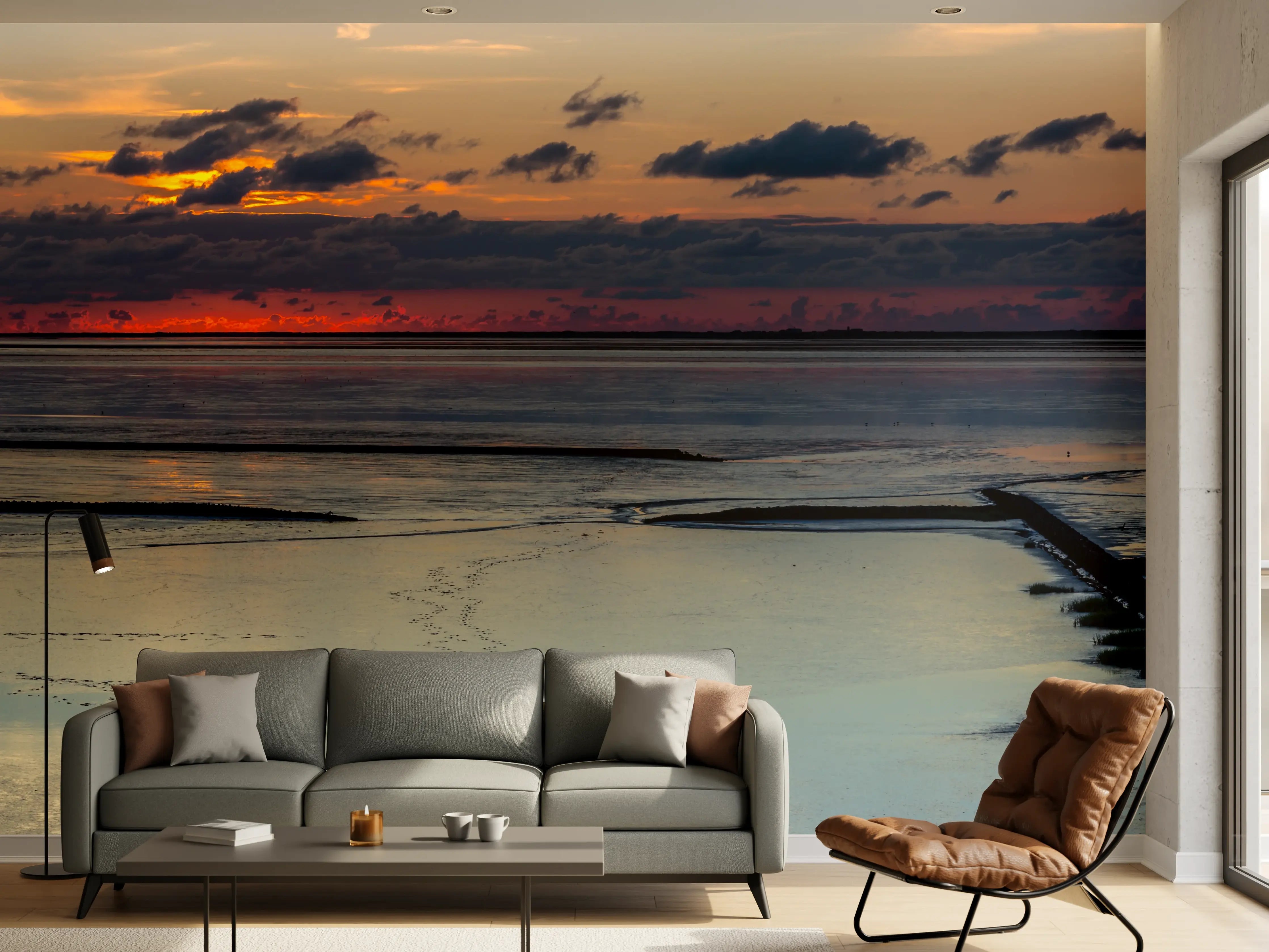 Wandverkleidung Wohnzimmer - Sonnenuntergang über ruhigem Wasser