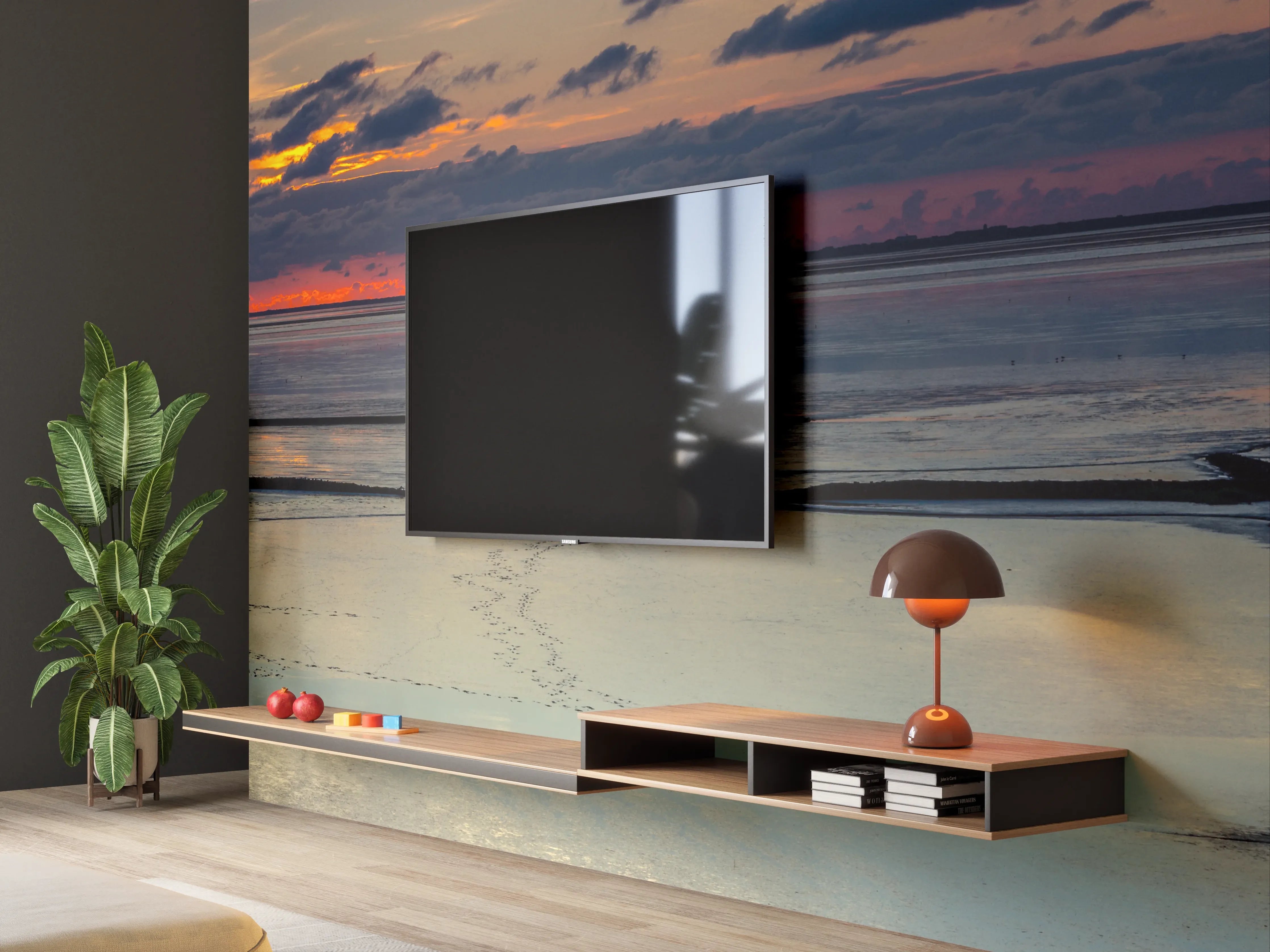 Wandverkleidung Wohnzimmer - Sonnenuntergang über ruhigem Wasser