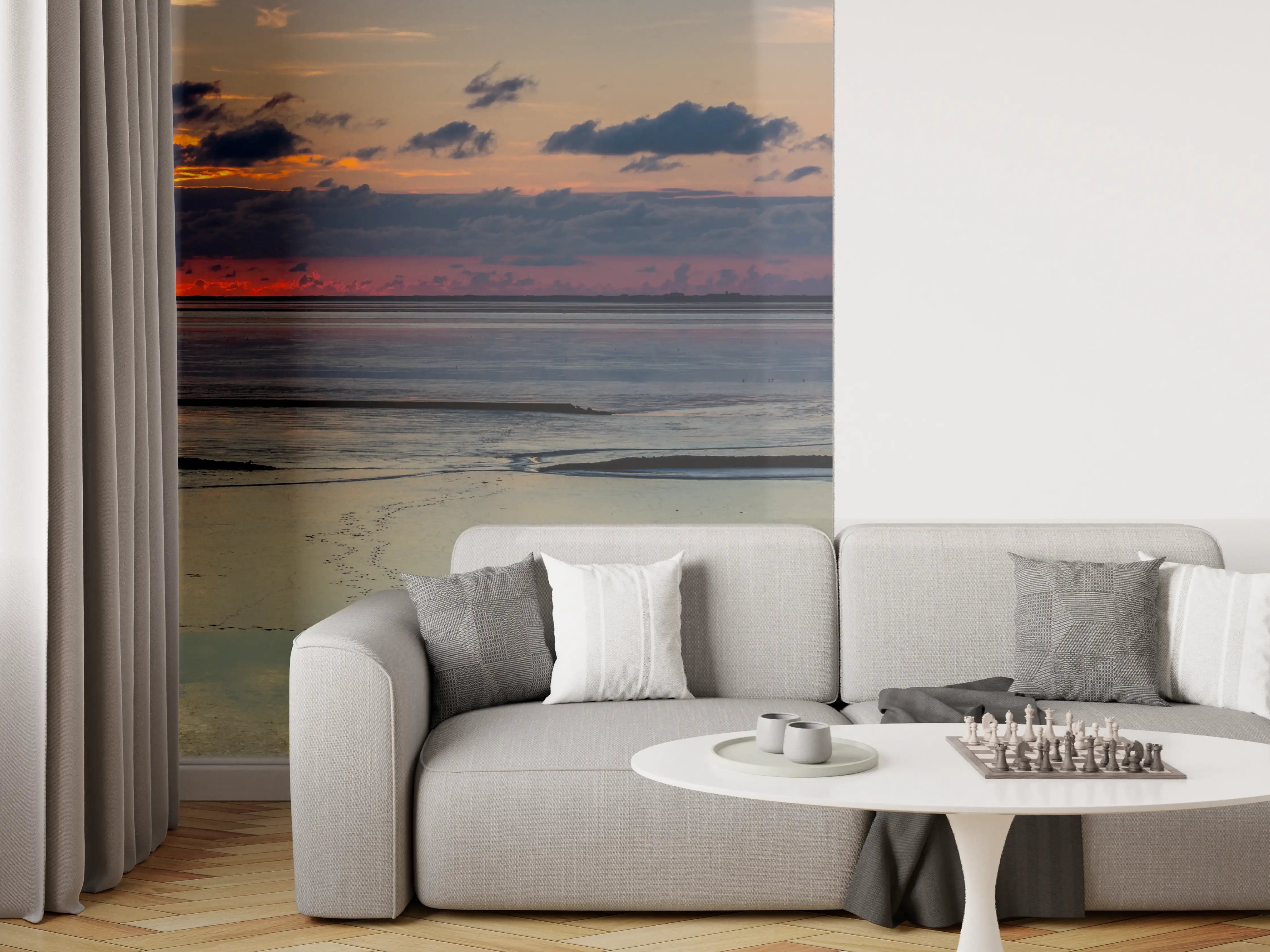 Wandverkleidung Wohnzimmer - Sonnenuntergang über ruhigem Wasser