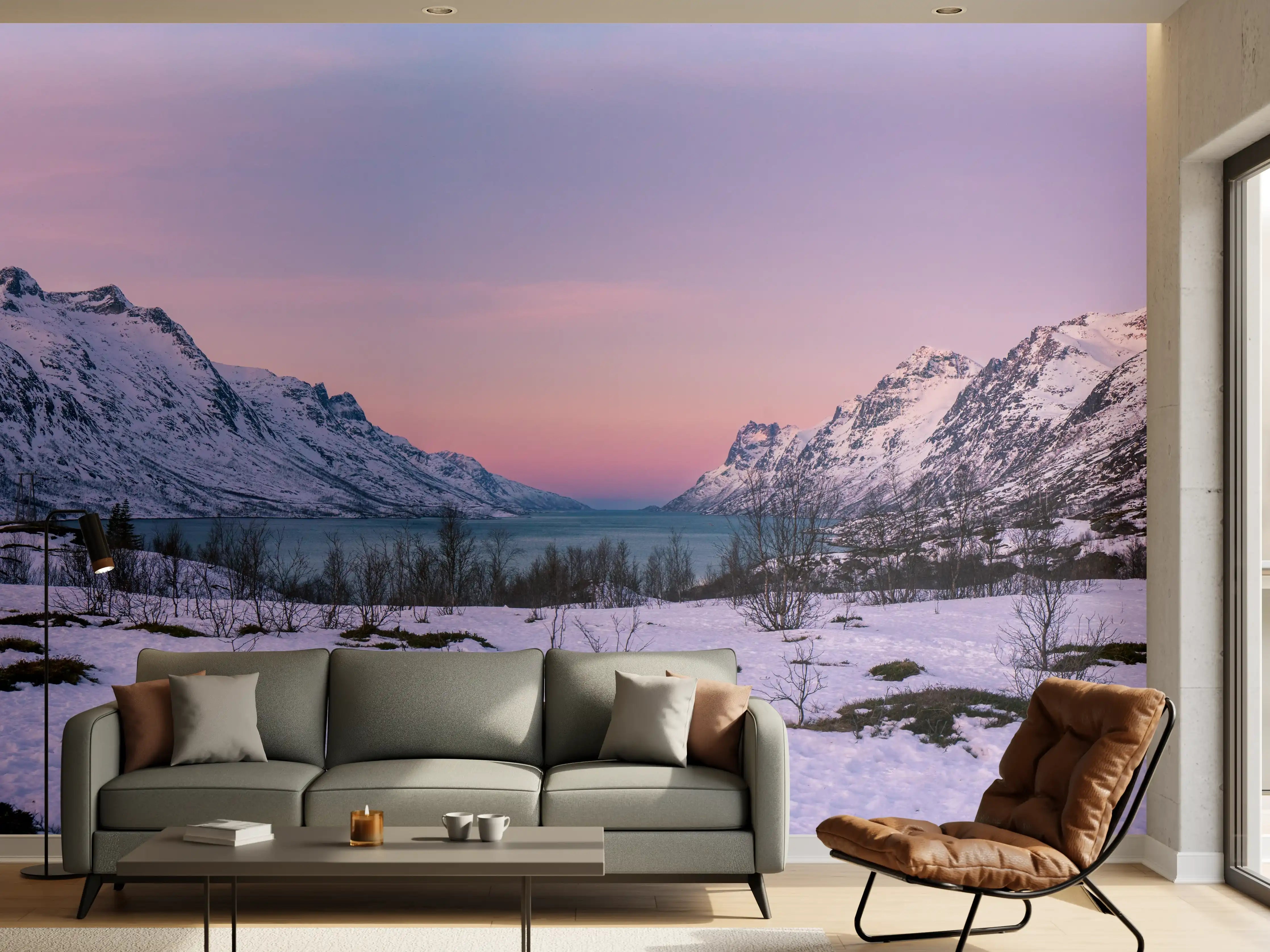 Wandverkleidung Wohnzimmer - Sonnenuntergang über verschneiten Bergen