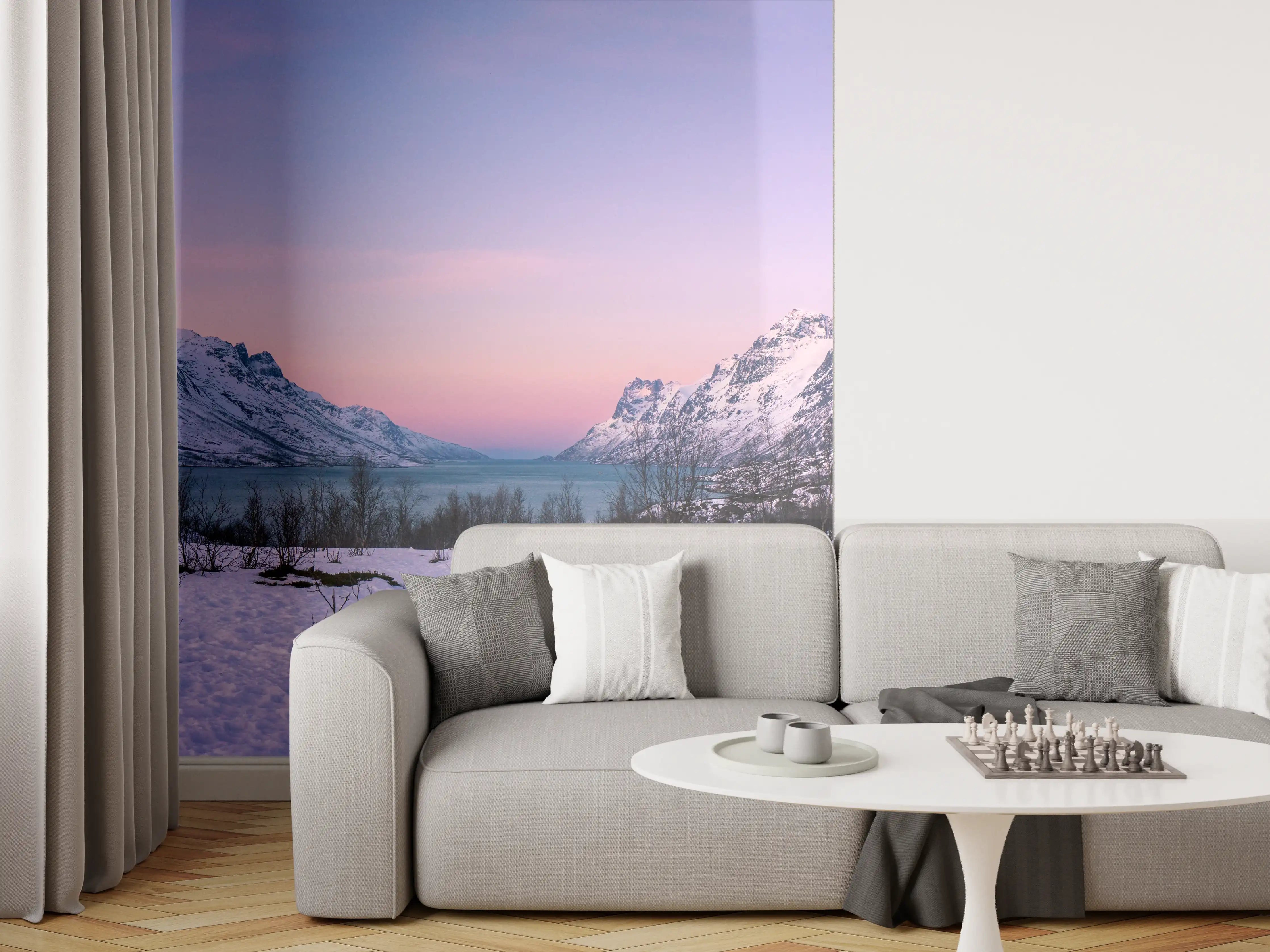 Wandverkleidung Wohnzimmer - Sonnenuntergang über verschneiten Bergen