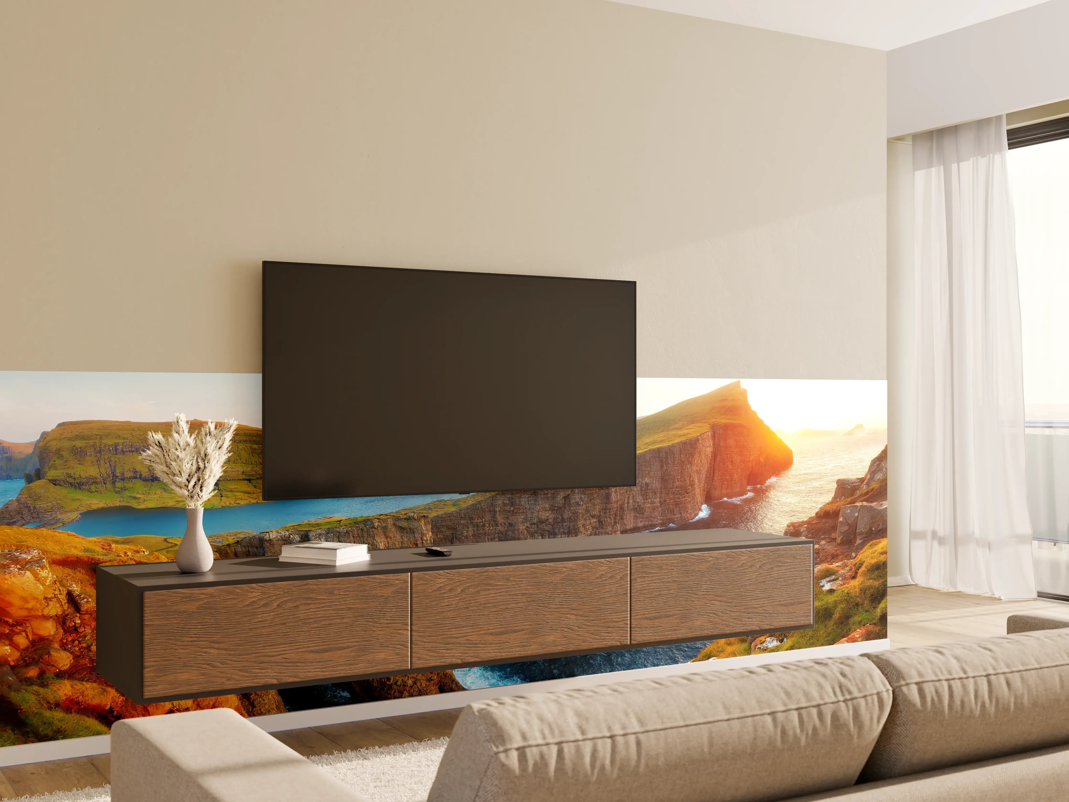 Wandverkleidung Wohnzimmer - Sorvagsvatn See und mit Wasserfall ins Meer an der Färöer